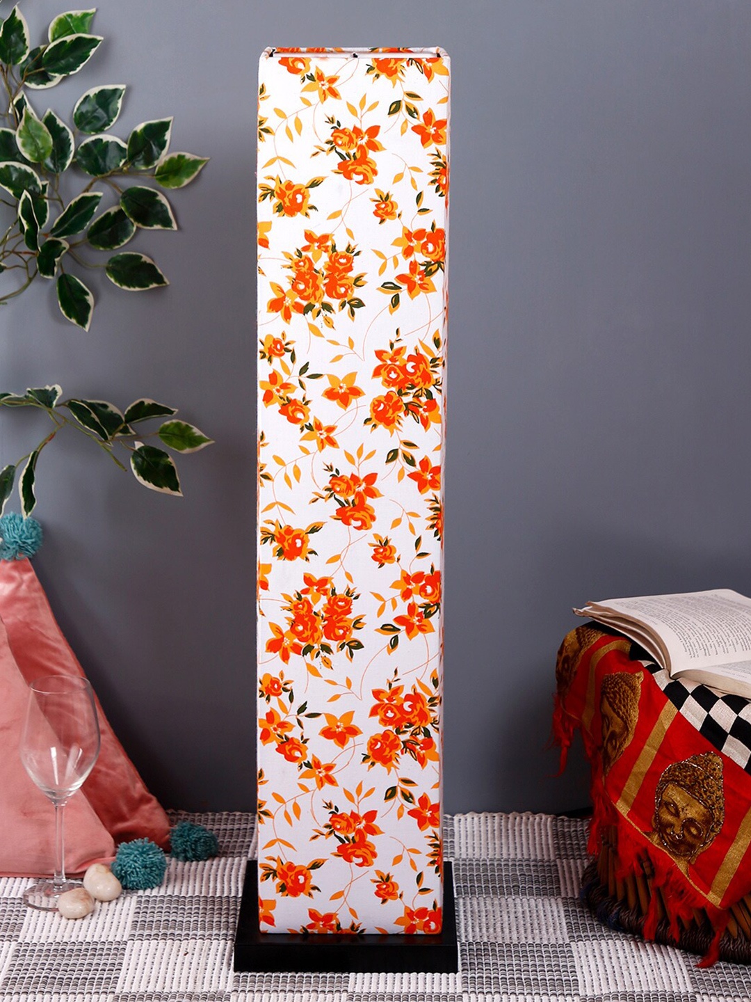 Devansh White & Orange Printed Traditional Column Lamp with Shade