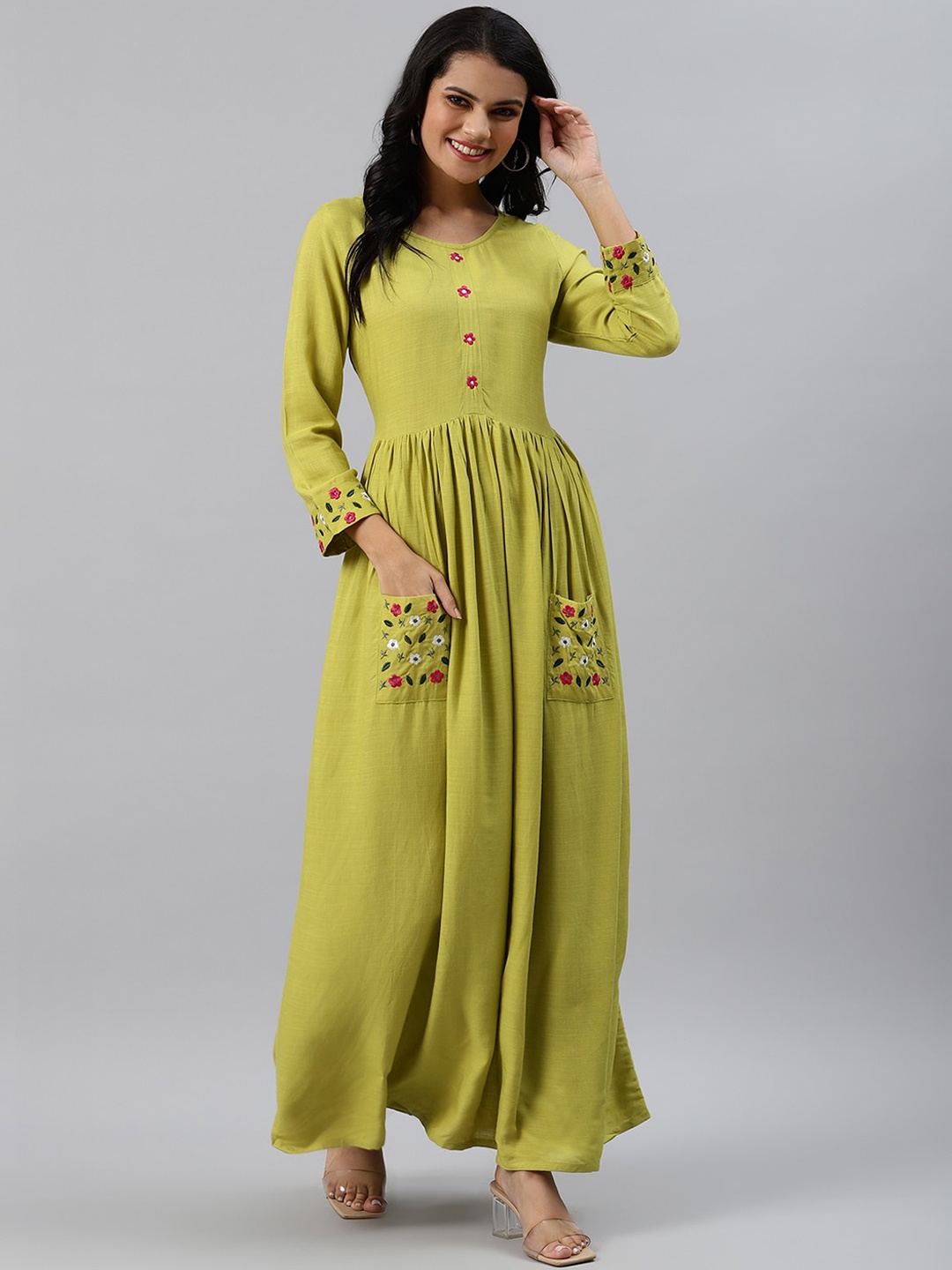 

Sringam Women Green Liva Floral Maxi Dress