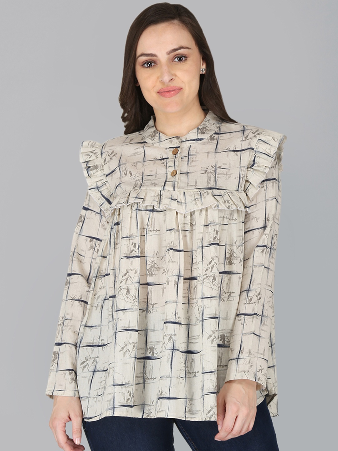 FLAMBOYANT Cream-Coloured Tie-Up Neck Regular Top