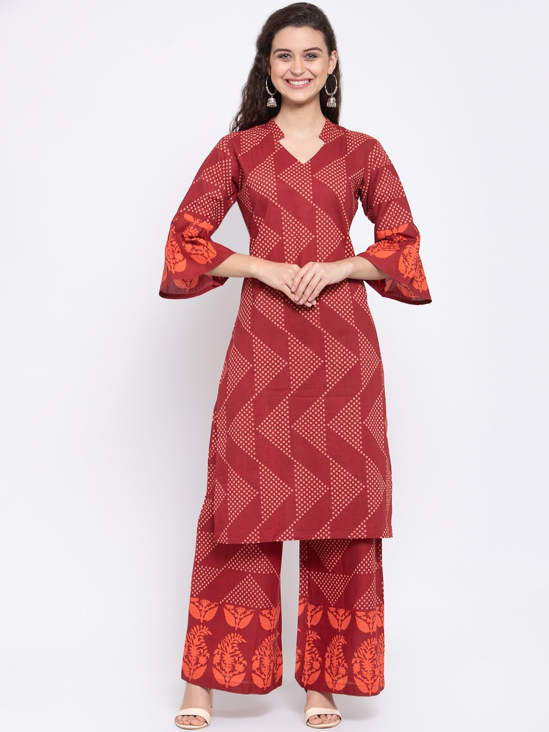 Indibelle Women Maroon Cotton Dots Print Straight Kurta With Palazzo