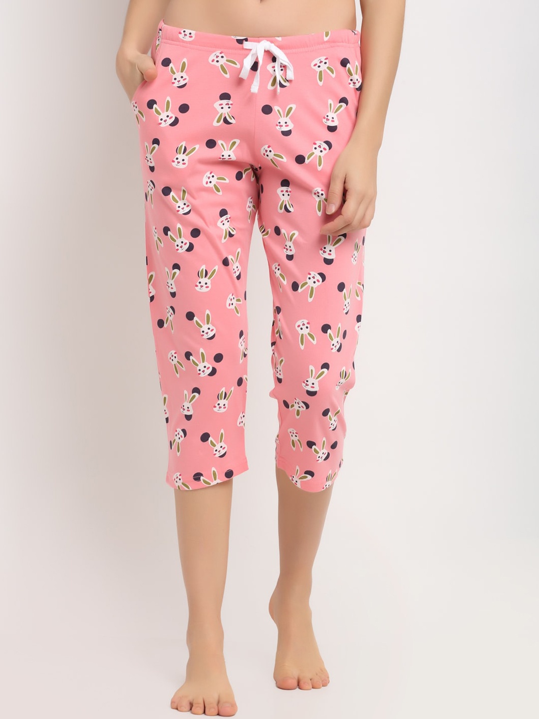 

Kanvin Women Pink & White Bunny & Polka Dot Print Cotton Lounge Capris