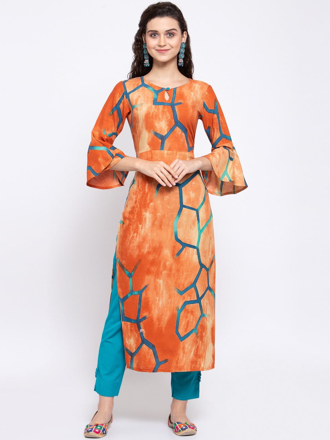 

Indibelle Women Peach-Coloured & Blue Printed Regular Keyhole Neck Kurta with Trousers