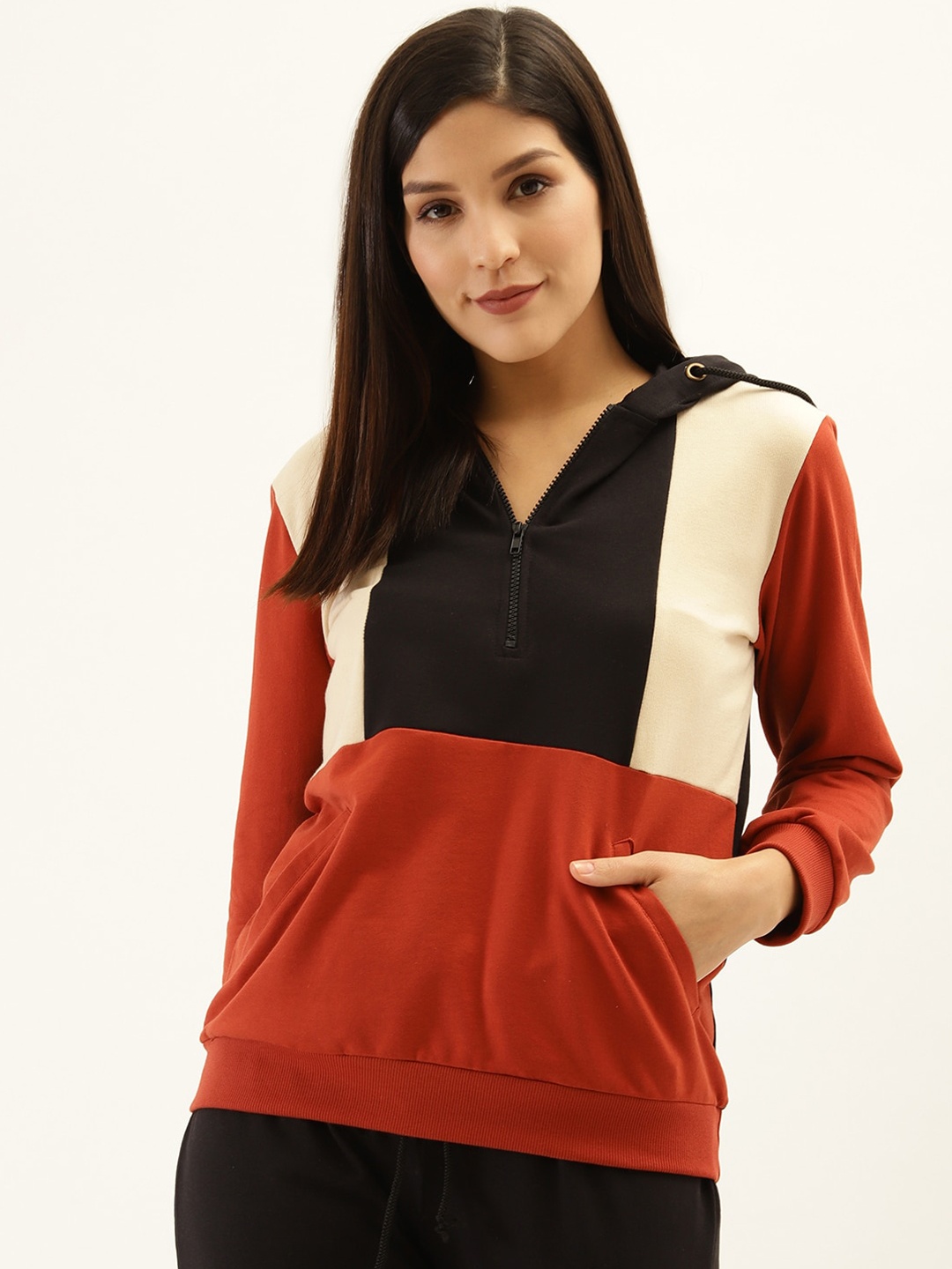 

Laabha Women Rust Red & Black Colourblocked Hooded Sweatshirt