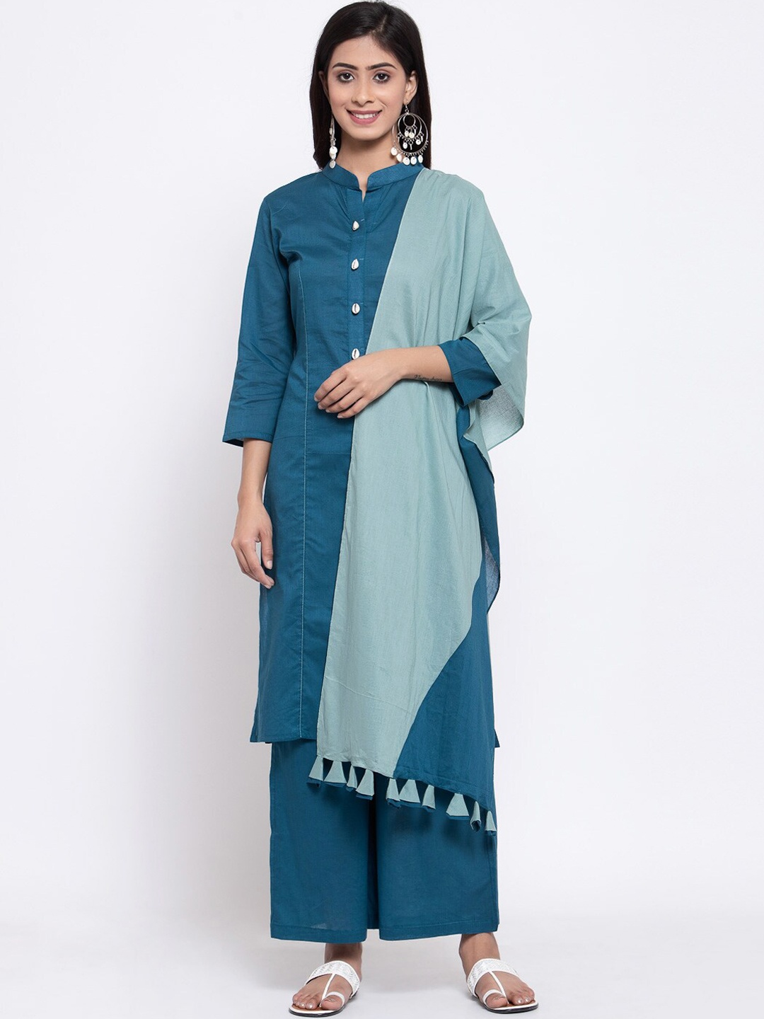 

DUGRI BE THE ONE Women Teal Green Straight Pure Cotton Kurta & Palazzos With Dupatta