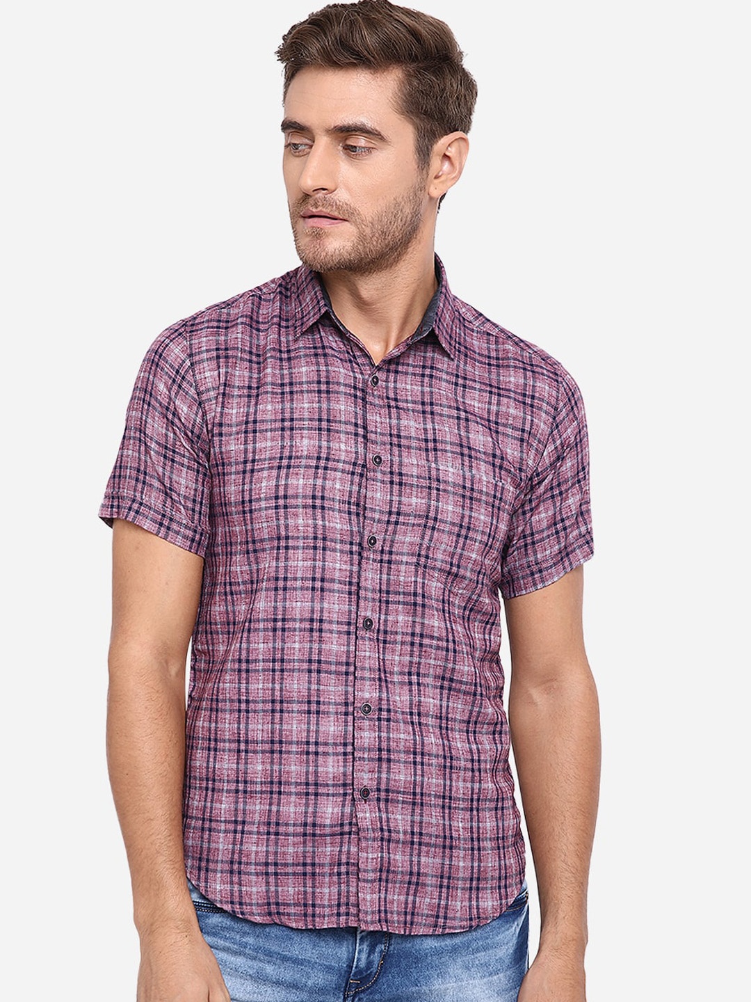 

Greenfibre Men Purple Slim Fit Checked Pure Cotton Casual Shirt