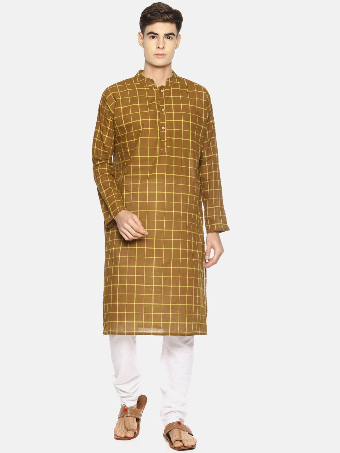

PAROKSH Men Brown Checked Handloom Kurta