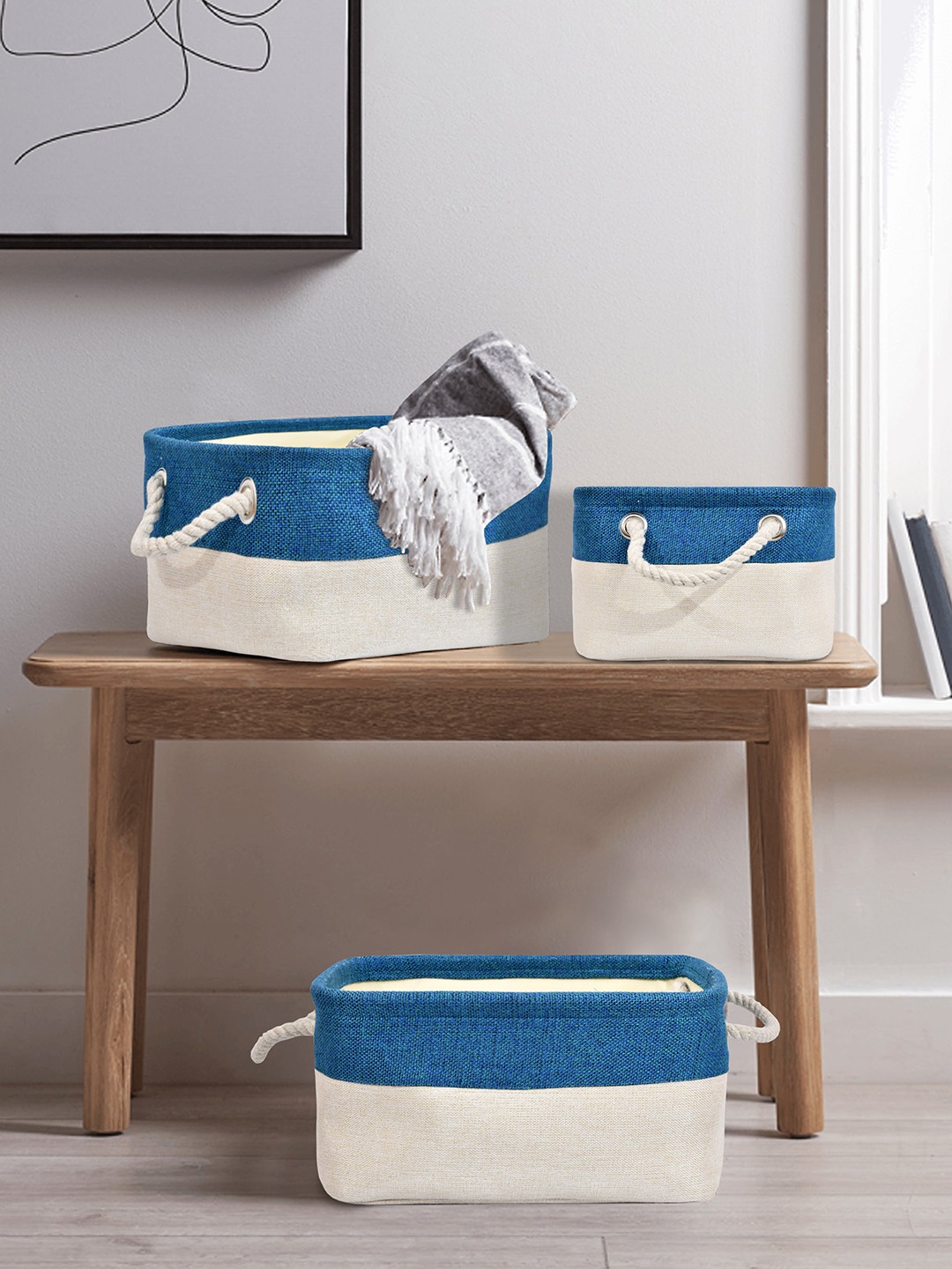

Clasiko Set Of 3 Off White & Blue Colourblocked Handcrafted Eco-Friendly Baskets Organizers