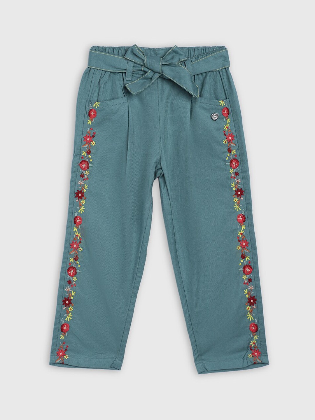 

Blue Giraffe Girls Green Regular Fit Embroidered Regular Cotton Trousers