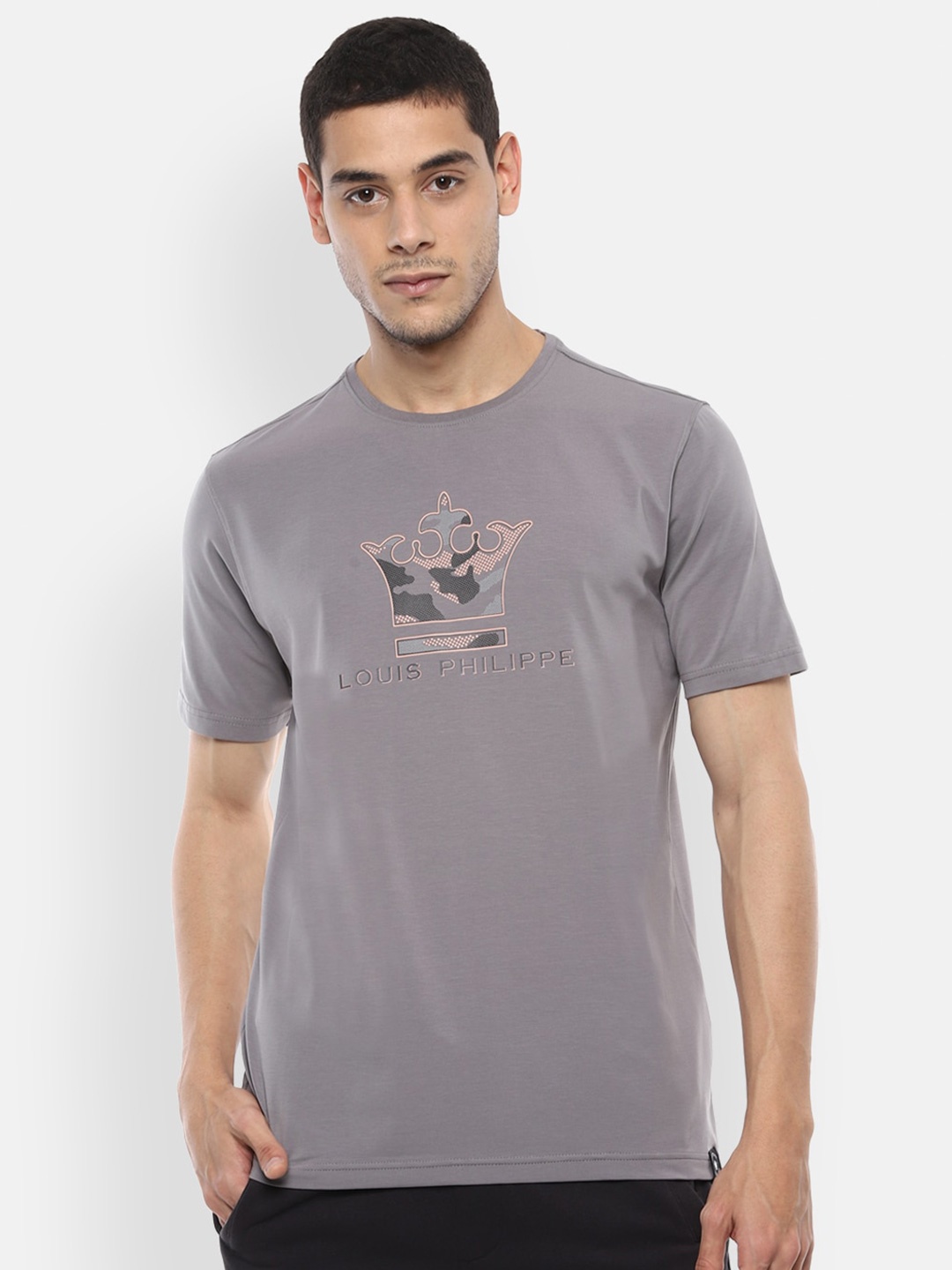 

Louis Philippe ATHPLAY Men Grey Brand Logo Print Slim Fit Round Neck T-shirt