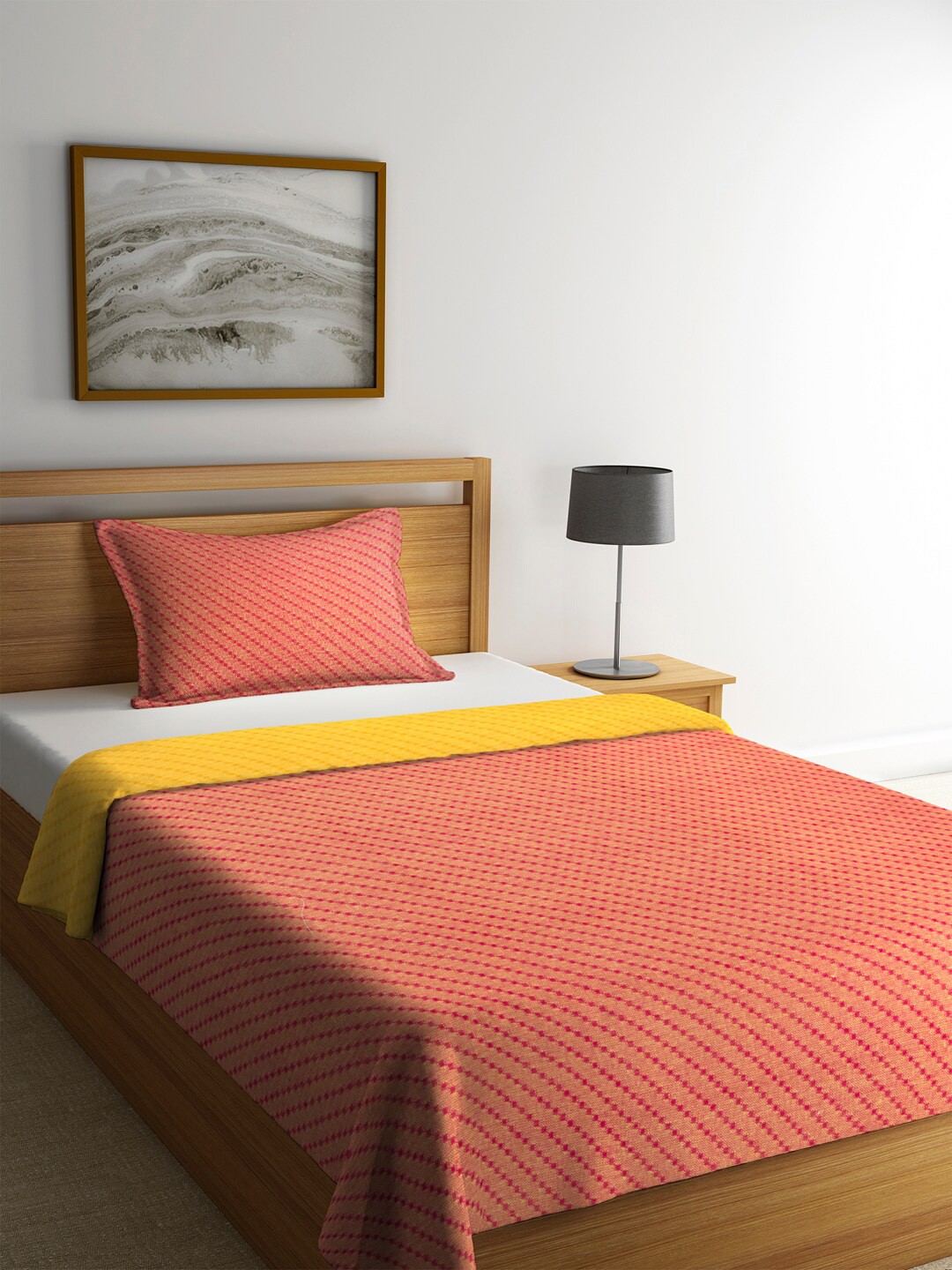 

KLOTTHE Orange & Yellow Woven-Design Cotton Single Bed Cover With Pillow Cover
