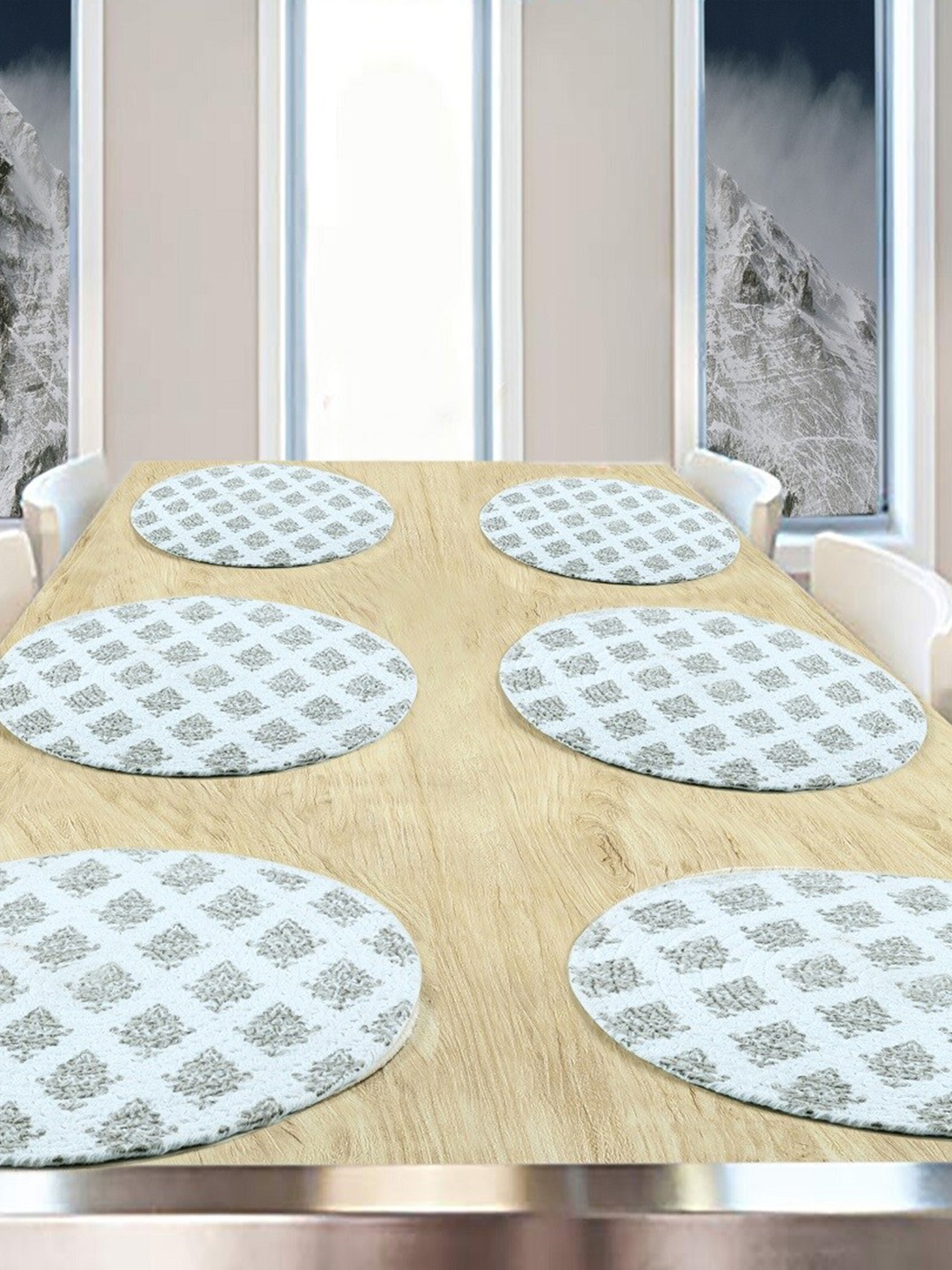 

BELLA TRUE Set Of 6 White & Grey Ethnic Motifs Printed Pure Cotton Round Table Placemats