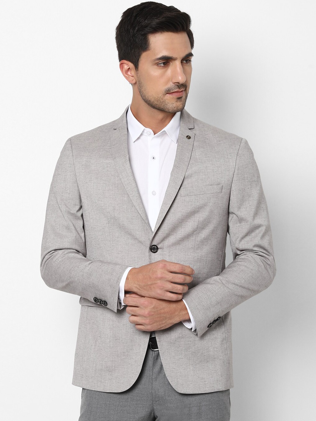 

Allen Solly Men Grey Solid Slim-Fit Single-Breasted Semi Smart Casual Blazer