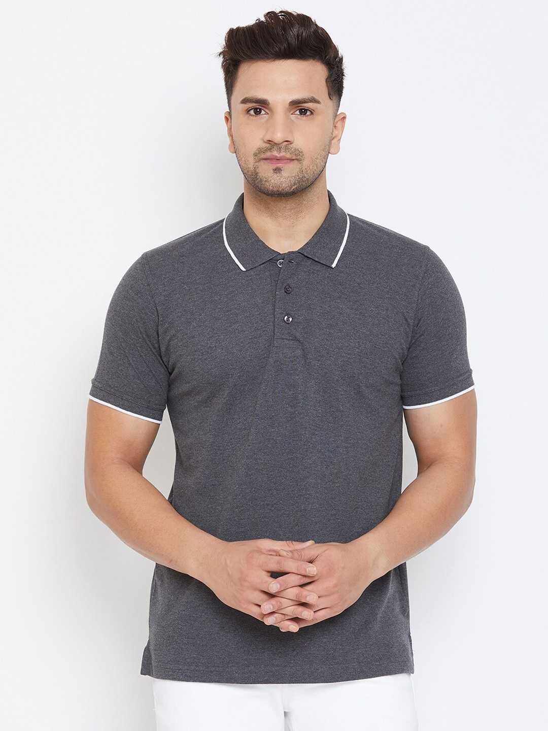 

Canary London Men Charcoal Grey Cotton Solid Polo Collar T-shirt