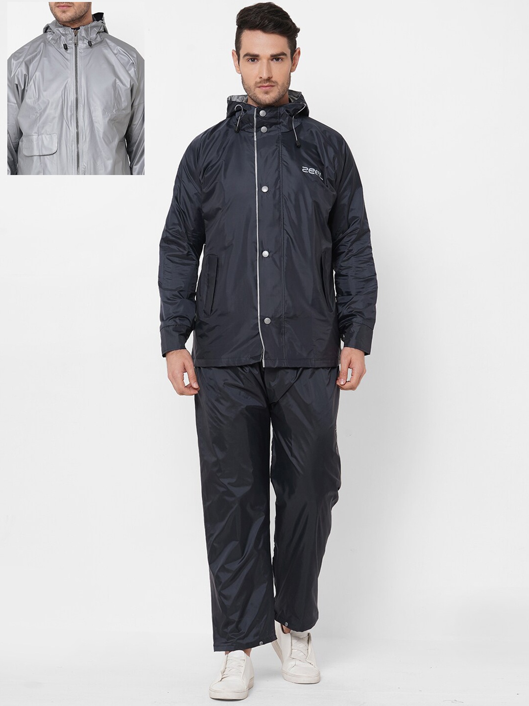

Zeel Men Navy Blue & Grey Solid Reversible Rain Suit