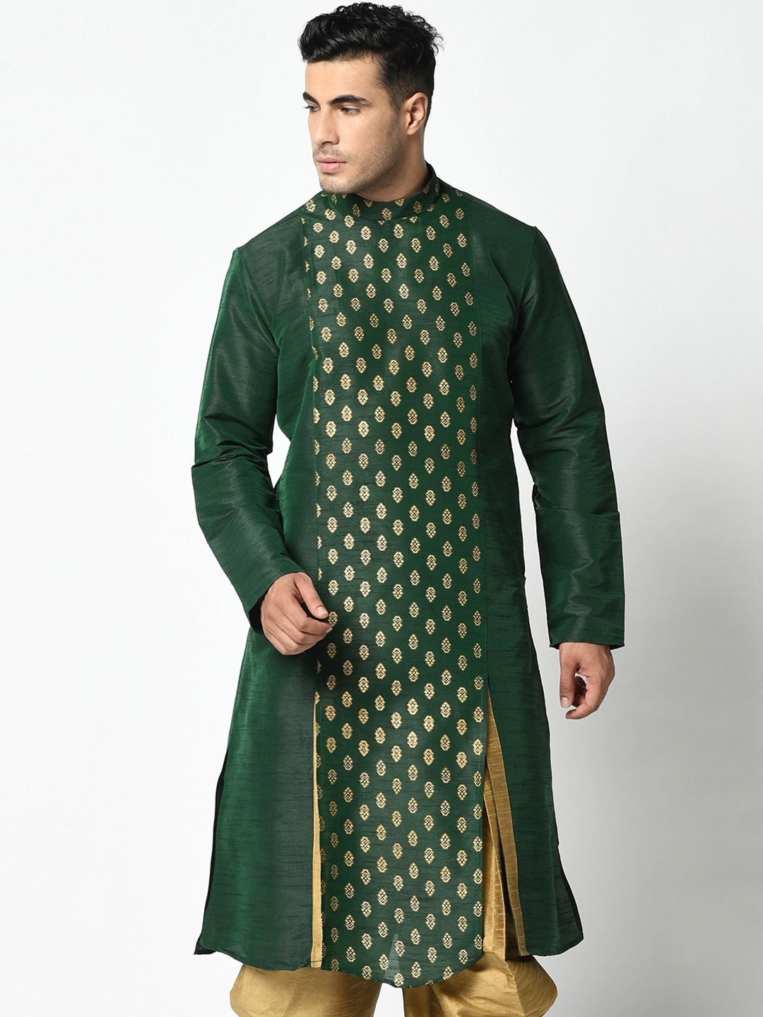 DEYANN Men Green & Gold-Coloured Ethnic Motifs Printed Kurta