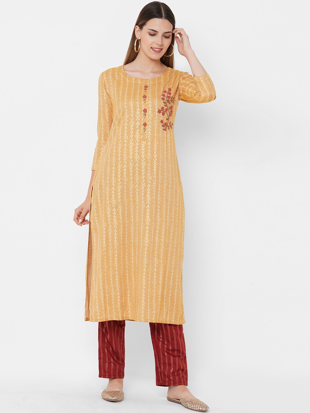 

FASHOR Women Yellow Tribal Khari Printed & Hand Embroidered Kurta
