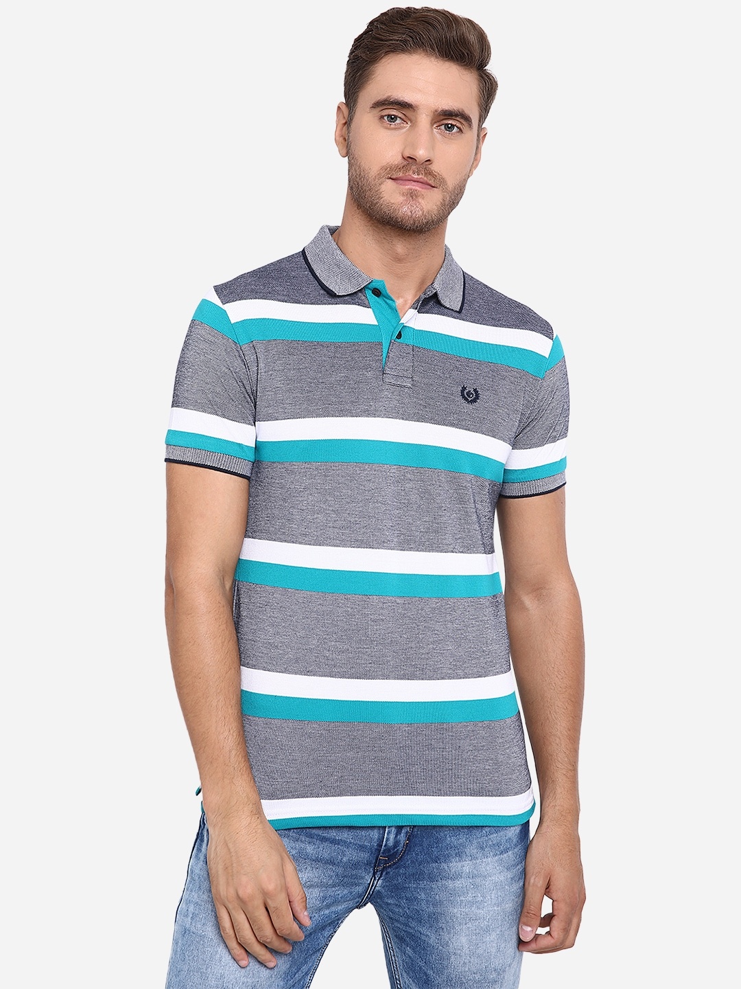 Greenfibre Men Grey Striped Polo Collar T-shirt