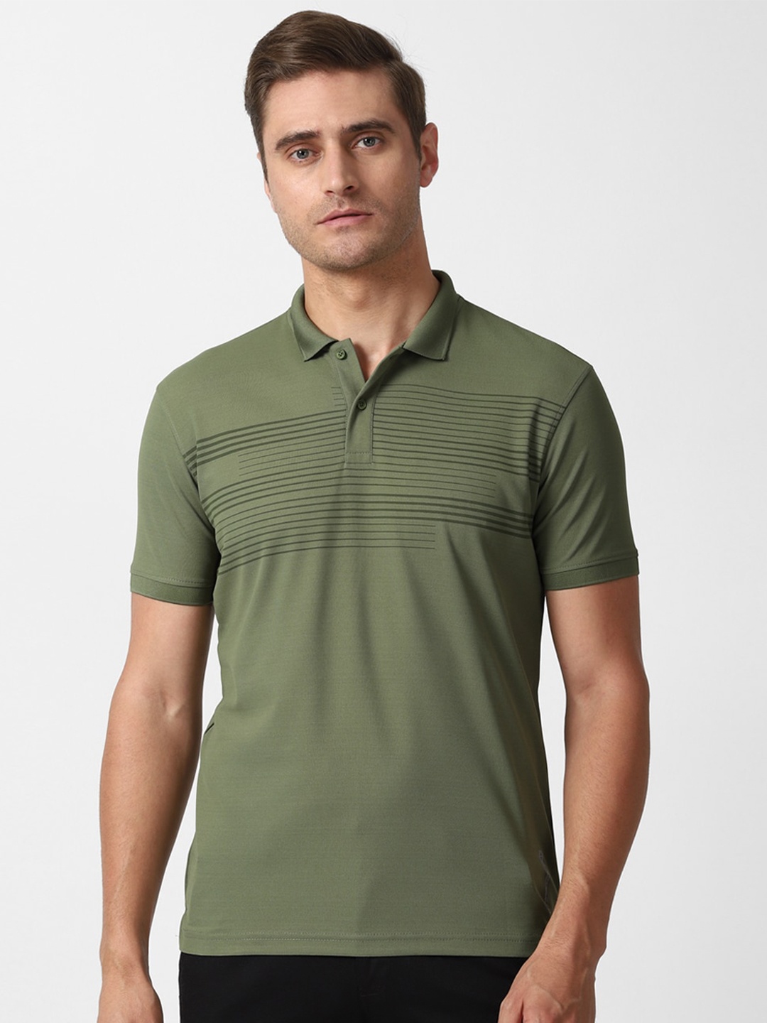 

Louis Philippe Sport Men Olive Green Slim Fit Striped Polo Collar T-shirt