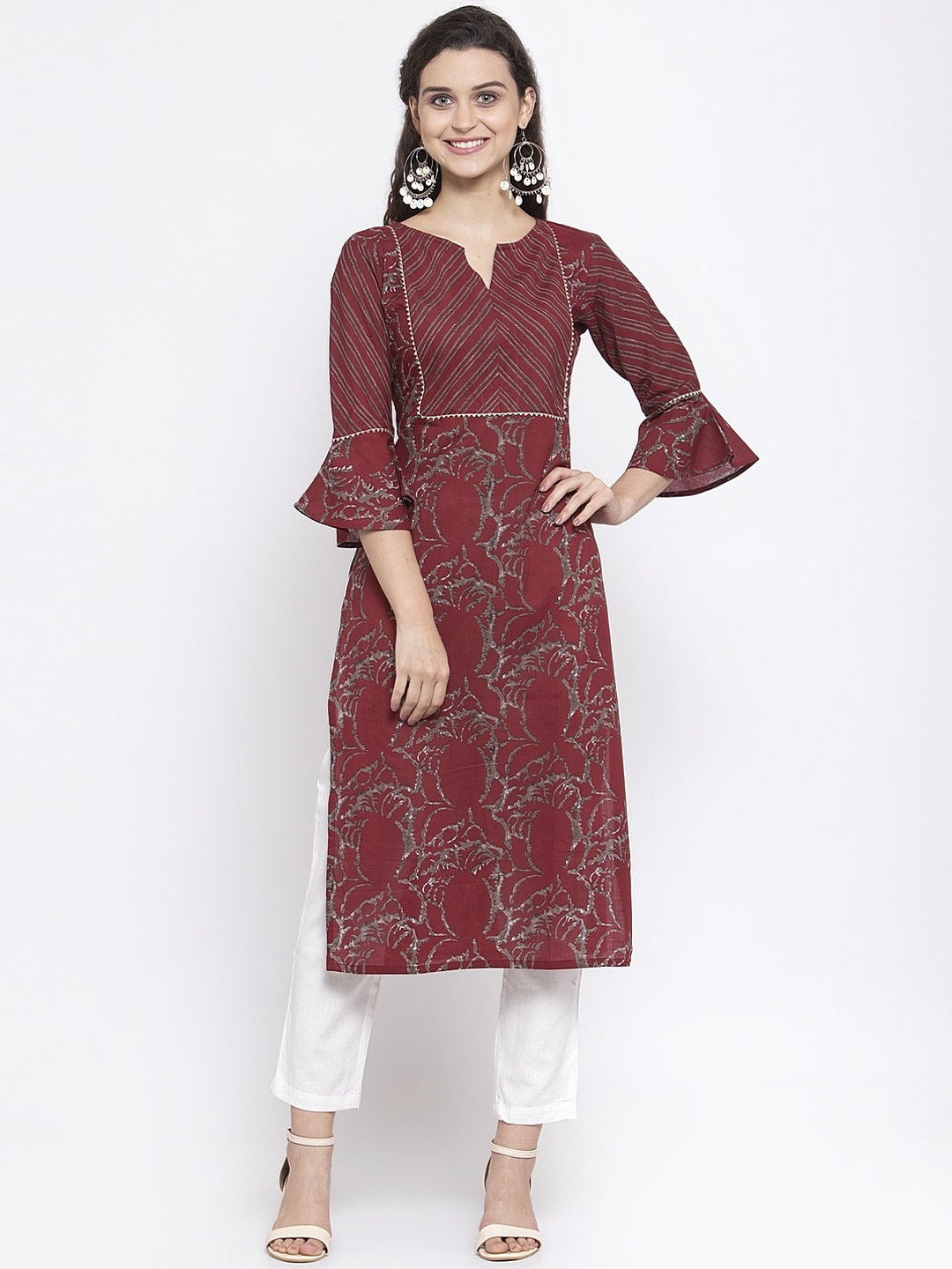 

Indibelle Women Red & White Printed Regular A-Line Pure Cotton Kurta & Trousers