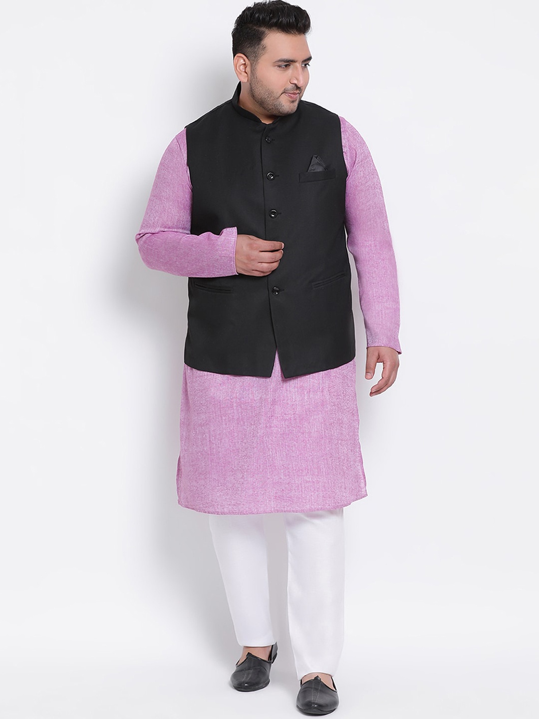 

Hangup Men Purple & White Straight Linen Kurta with Pyjamas & Nehru Jacket