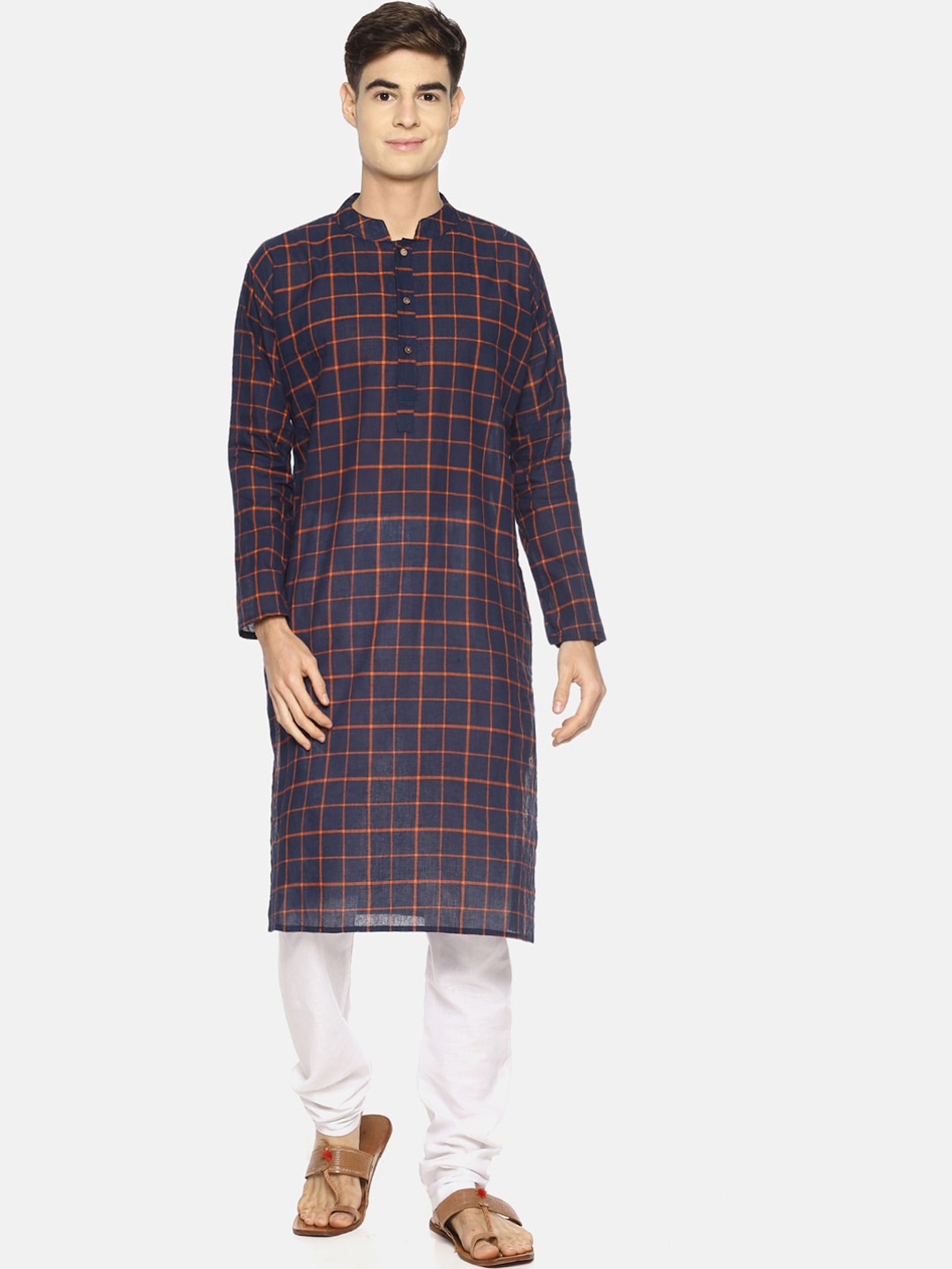 PAROKSH Men Navy Blue & Orange Checked Handloom Kurta