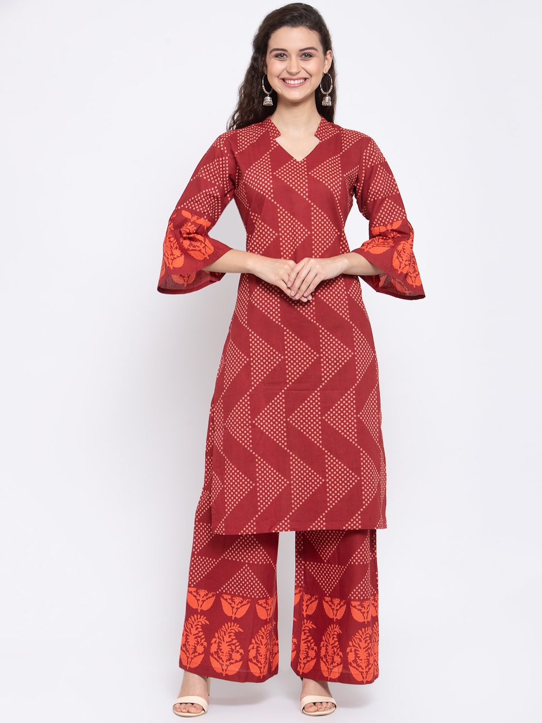 Indibelle Women Maroon Geometric Printed Flared Sleeves Kurta