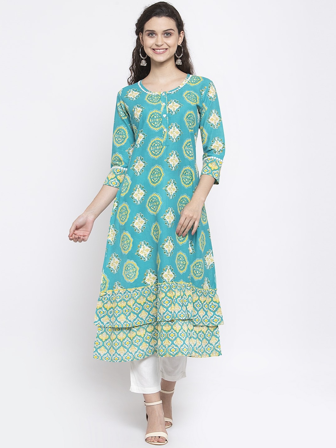 

Indibelle Women Turquoise Blue Printed Kurta with Trousers