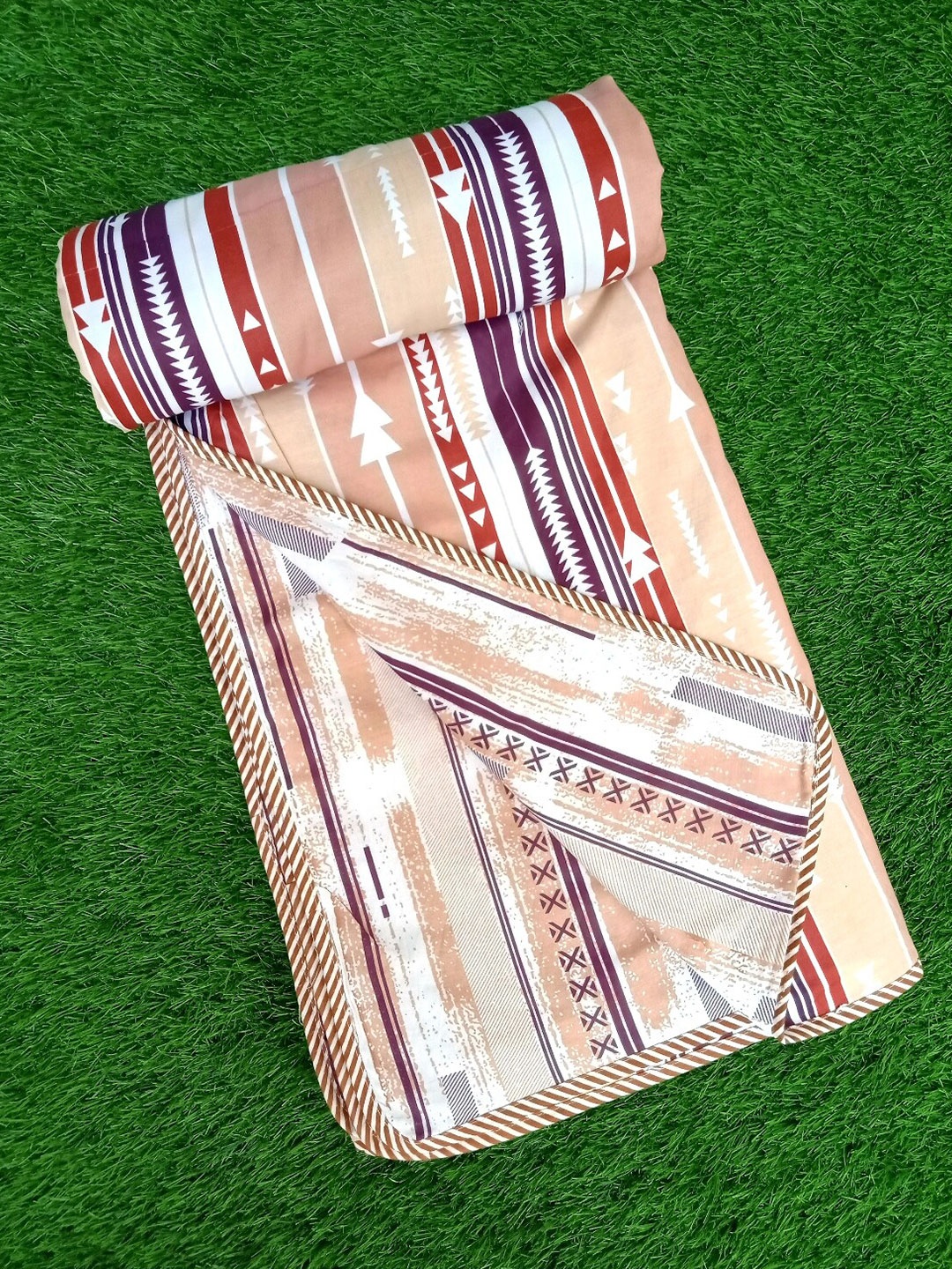 

BELLA CASA Cream-Coloured & Brown Striped AC Room 300 GSM Double Bed Dohar