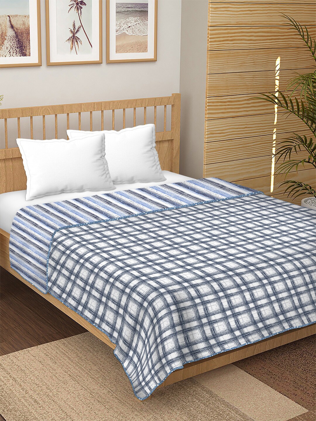 

BELLA CASA Blue & White Checked AC Room 180 GSM Double Bed Dohar