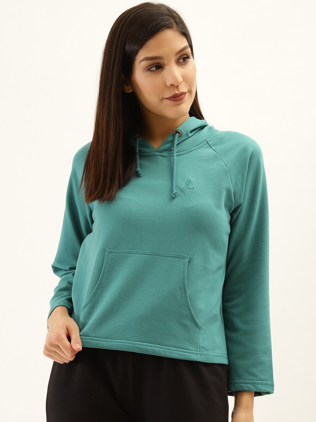 Laabha Women Sea Green Hooded Solid Sweatshirt