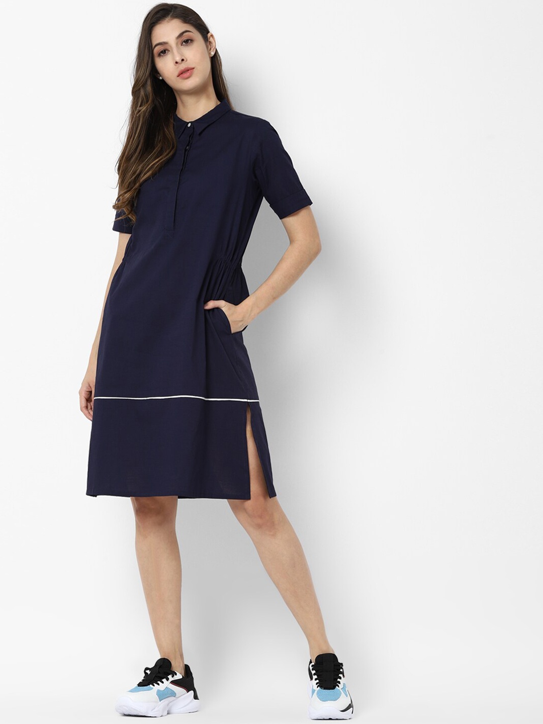 

Allen Solly Woman Women Navy Blue Pure Cotton Solid Shirt Dress