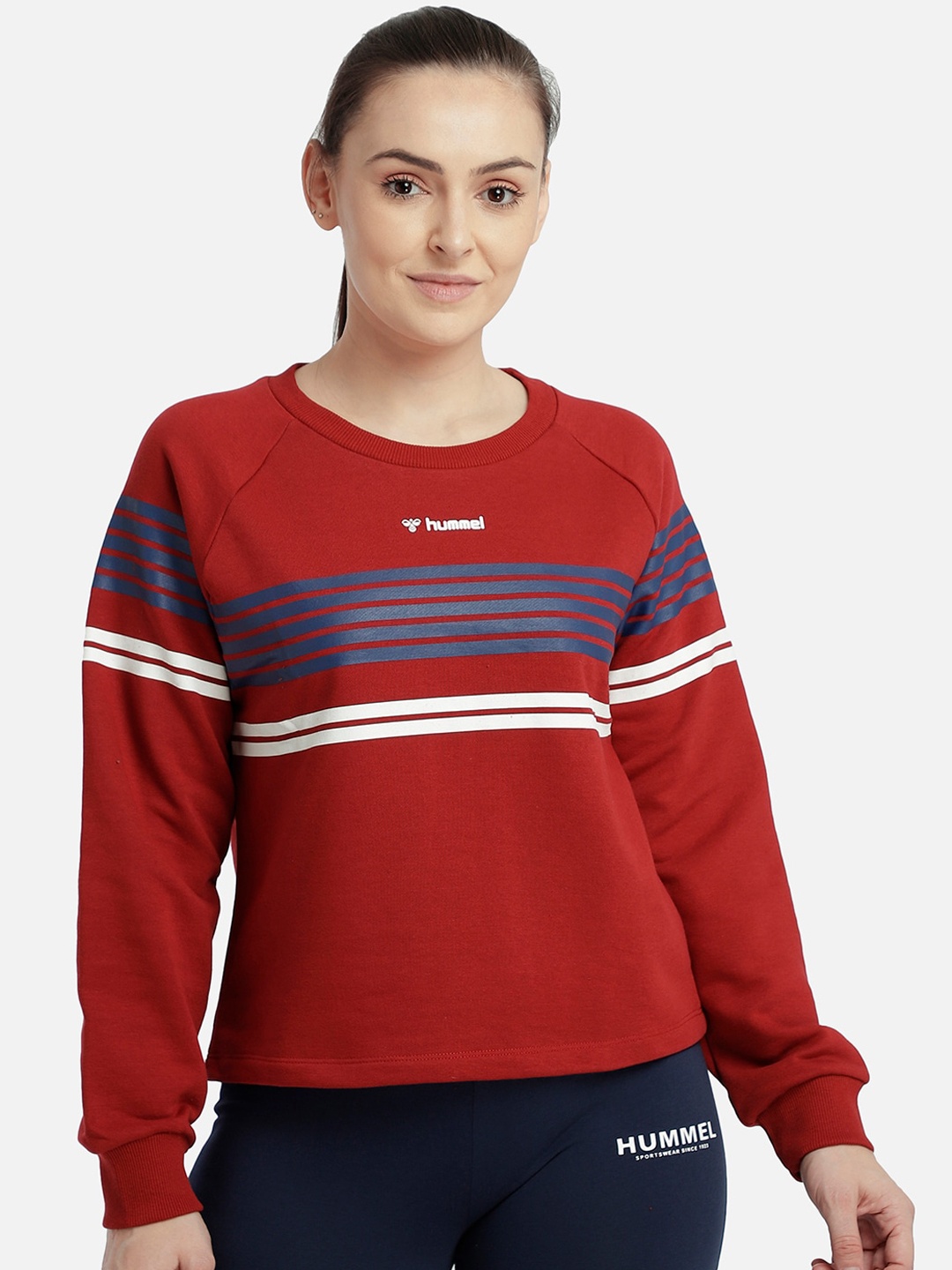 

hummel Women Red & Navy Blue Striped Sweatshirt