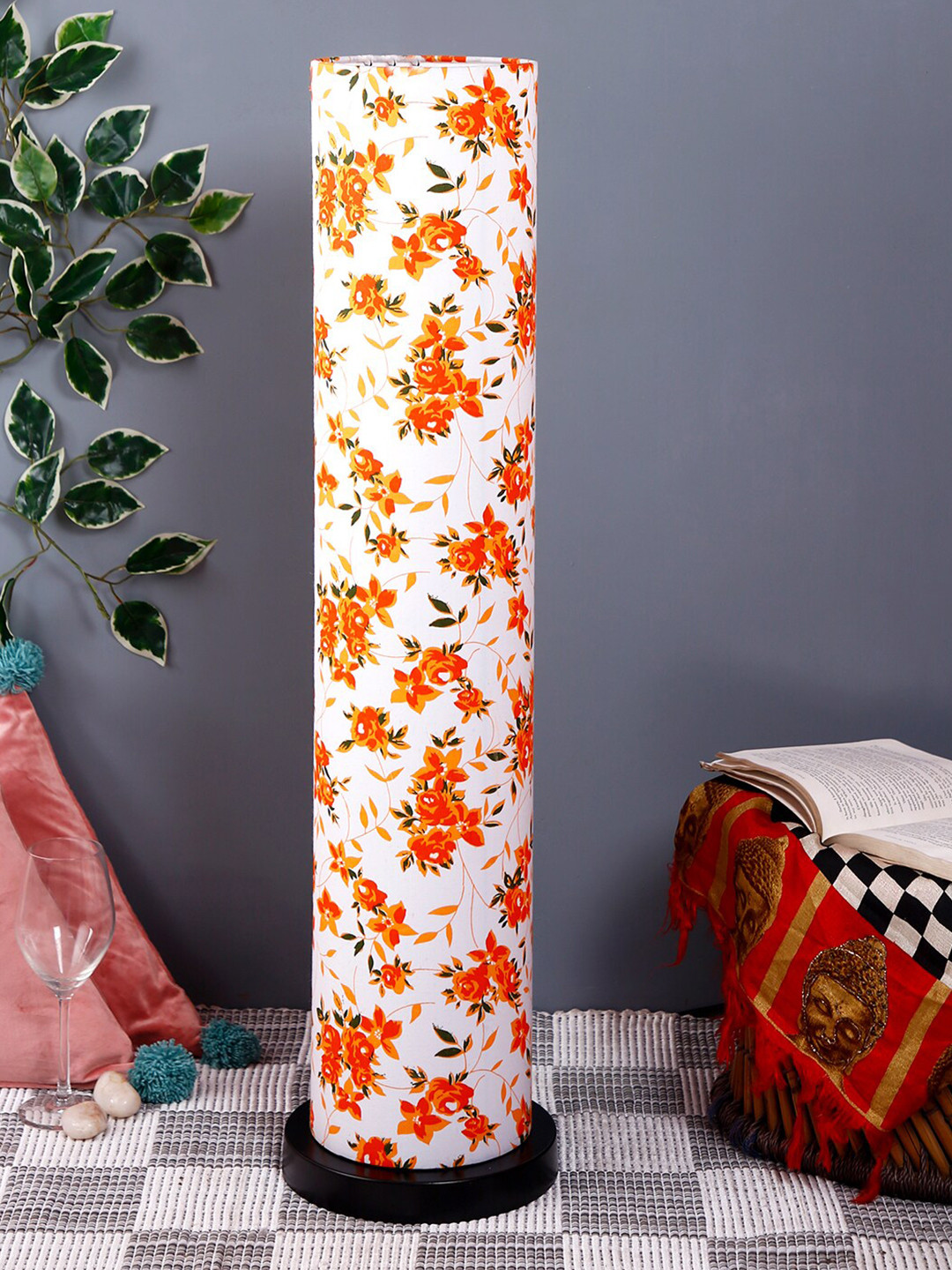 

Devansh White & Orange Printed Traditional Column Lamp with Shade
