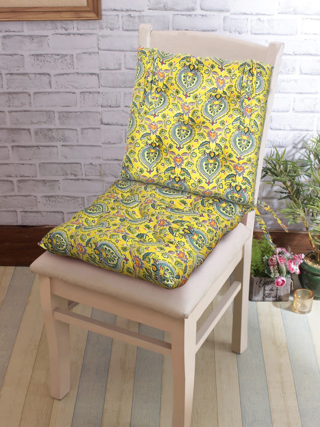 

Rajasthan Decor Set of 2 Yellow & Green Printed Cotton Chair Pads