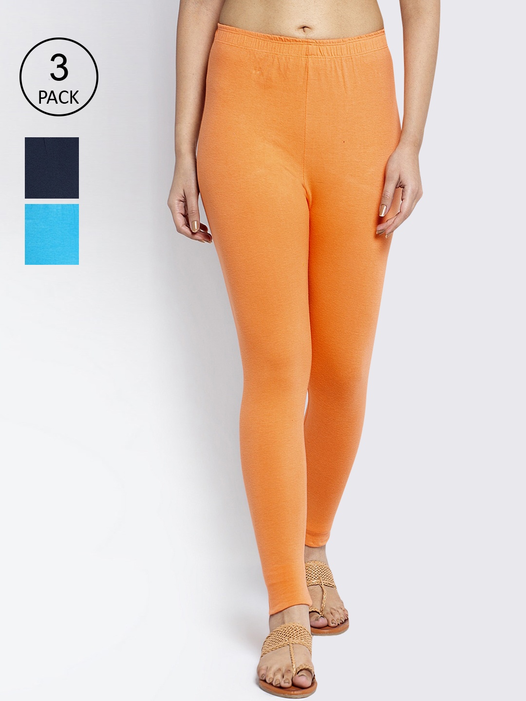 

GRACIT Women Pack of 3 Solid Ankle-Length Leggings, Orange