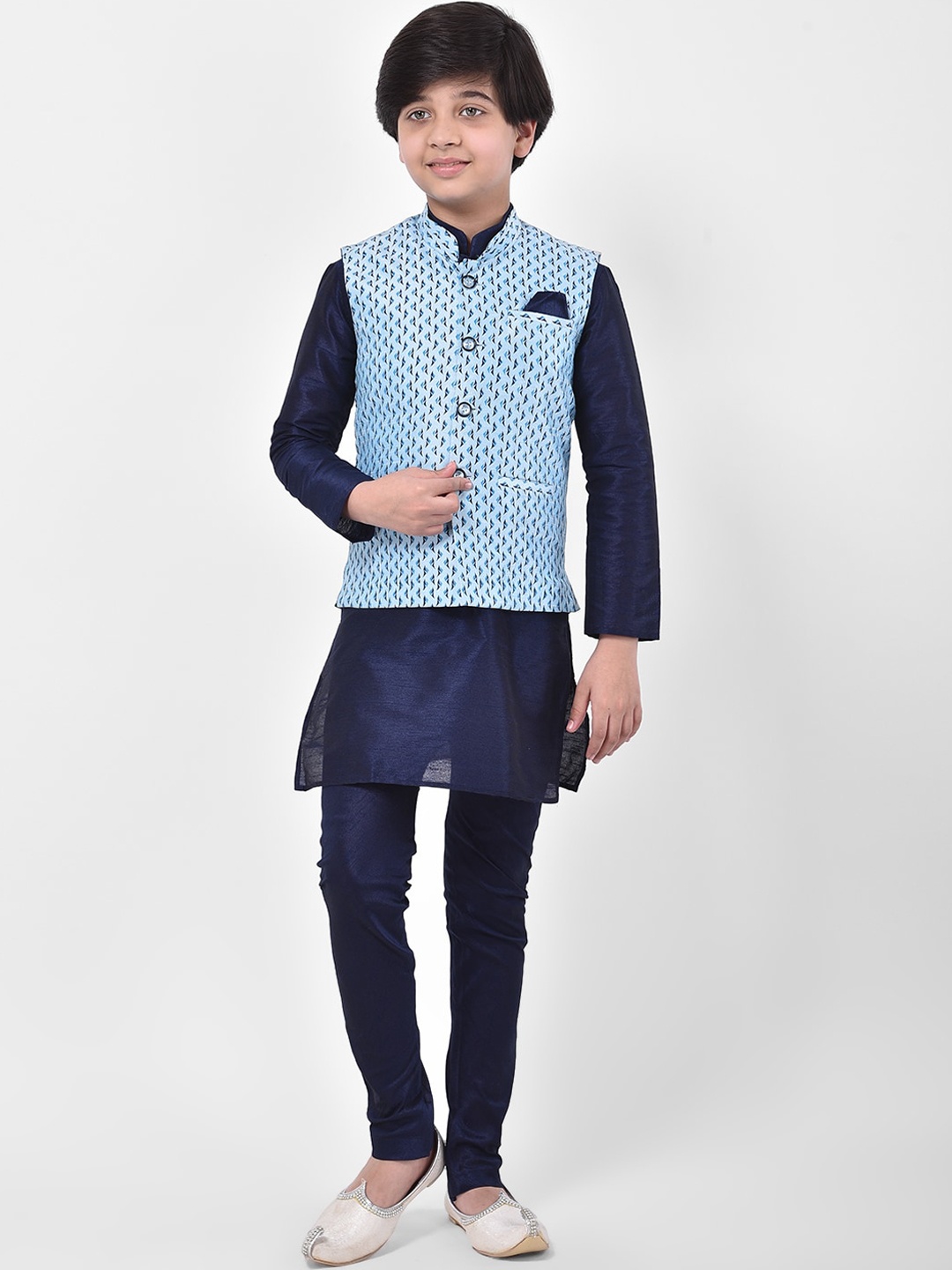 

DEYANN Boys Navy Blue Regular Straight Dupion Silk Kurta & Trousers with Nehru Jacket