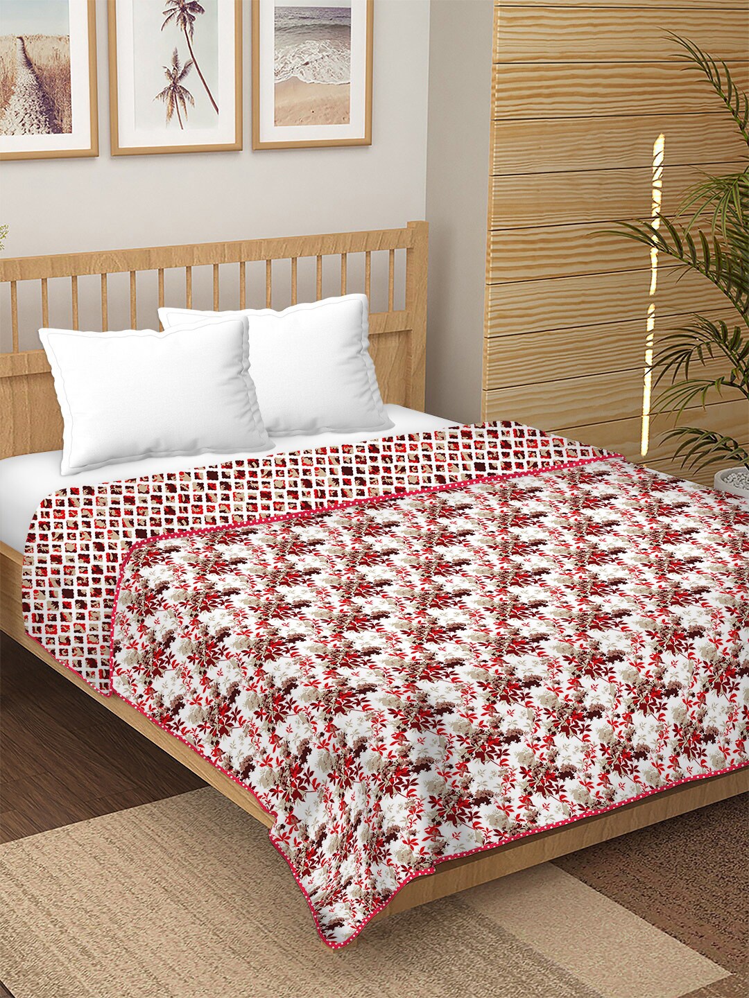 

BELLA CASA Red Floral Cotton Dohar Bedsheet, White