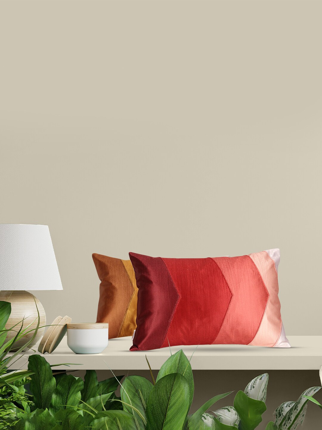 Home Mustard & Red Set of 2 Colourblocked Rectangle Cushion Covers
