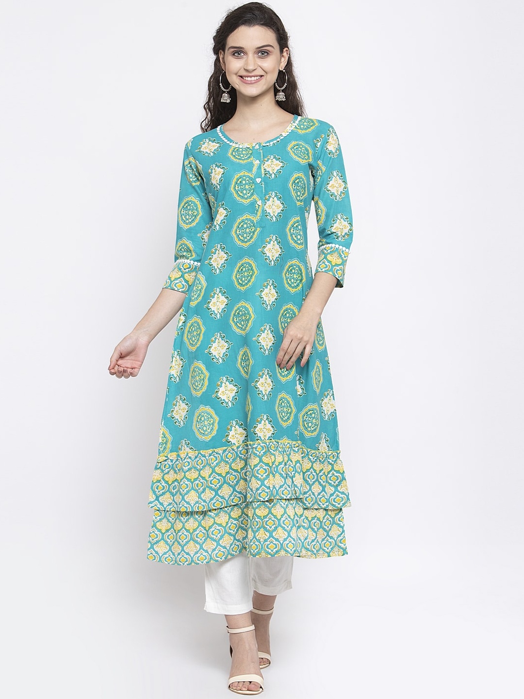 Indibelle Women Teal & Green Ethnic Motifs Printed Kurta