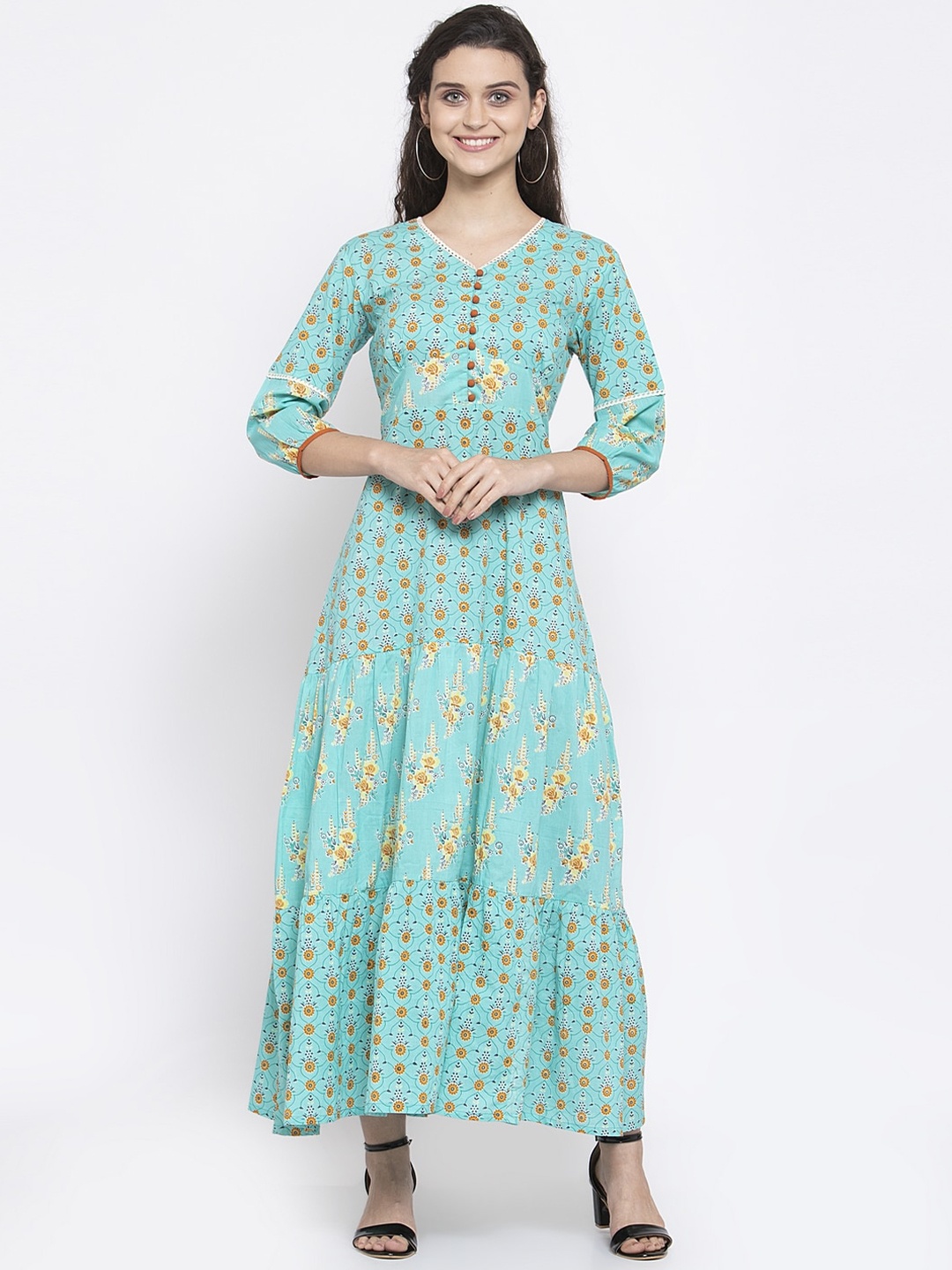 

Indibelle Women Teal Blue Floral Printed A-Line Maxi Dress