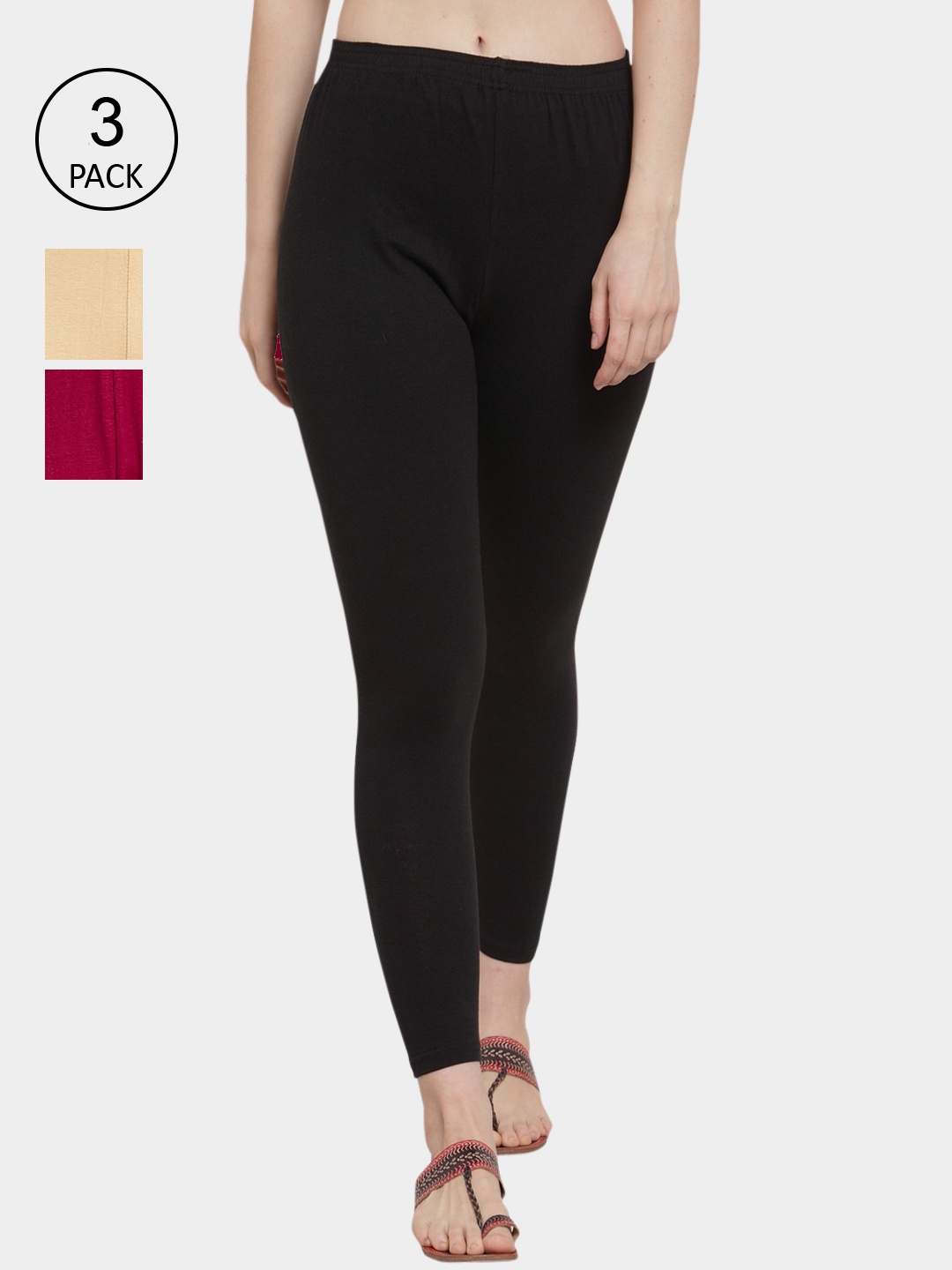 GRACIT Women Pack of 3 Solid Ankle-Length Leggings, Black