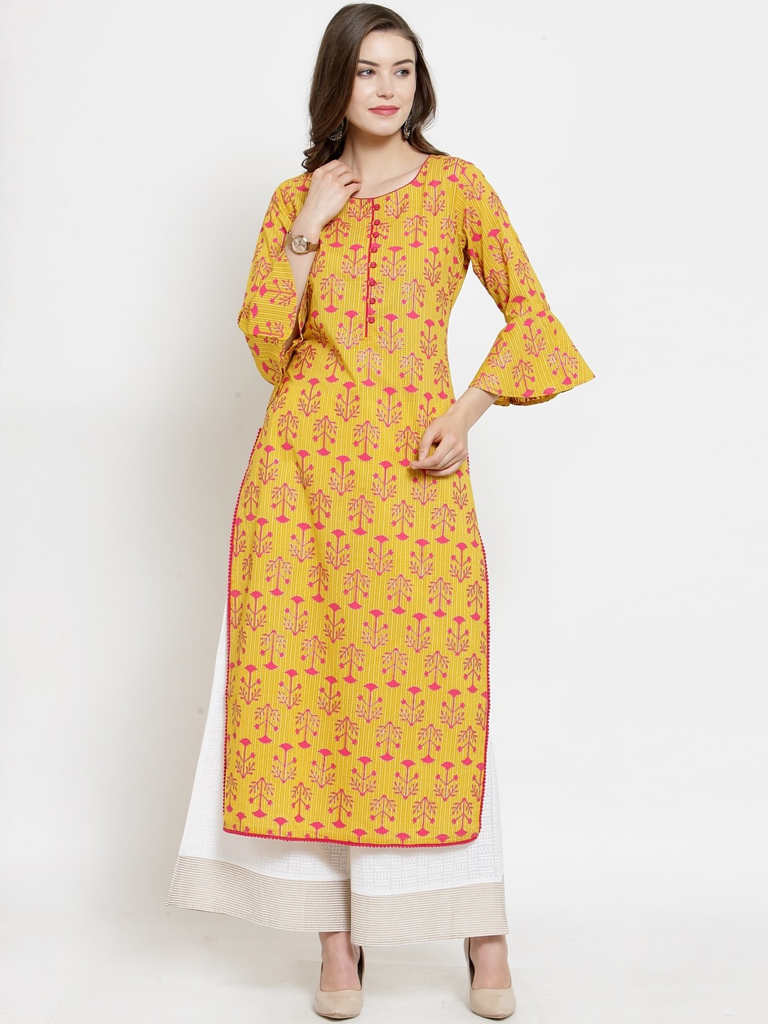 

Varanga Women Mustard & White Ethnic Motifs Printed Pure Cotton Kurta with Palazzos