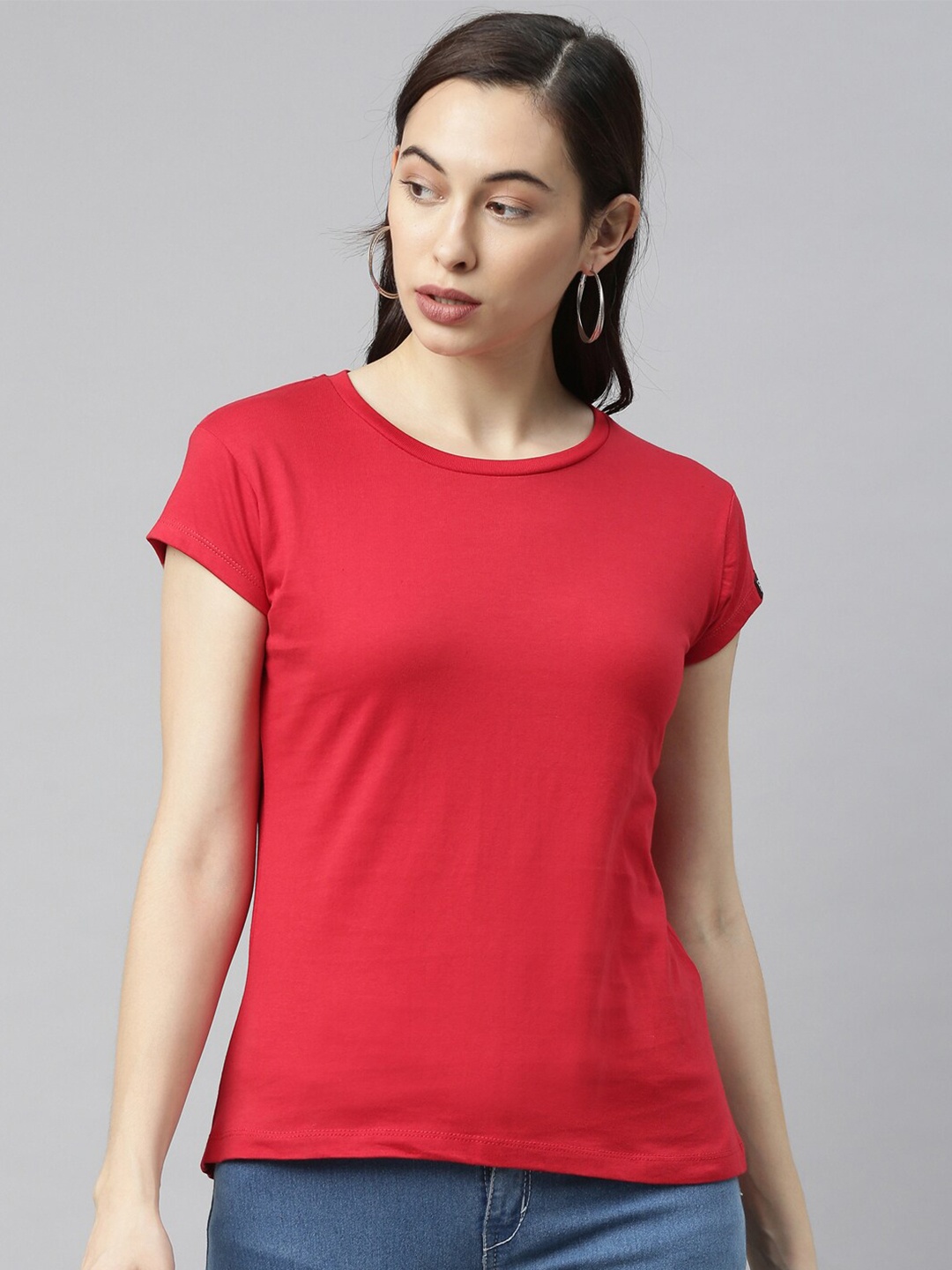 

Bushirt Women Red Pure Cotton Solid Round Neck T-shirt