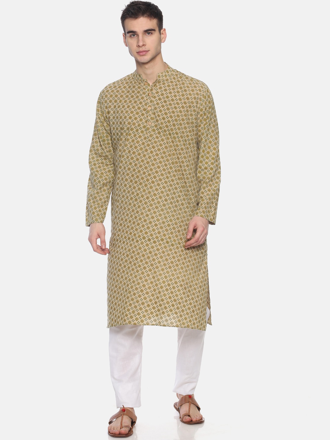 

PAROKSH Men Beige & Green Geometric Printed Kurta
