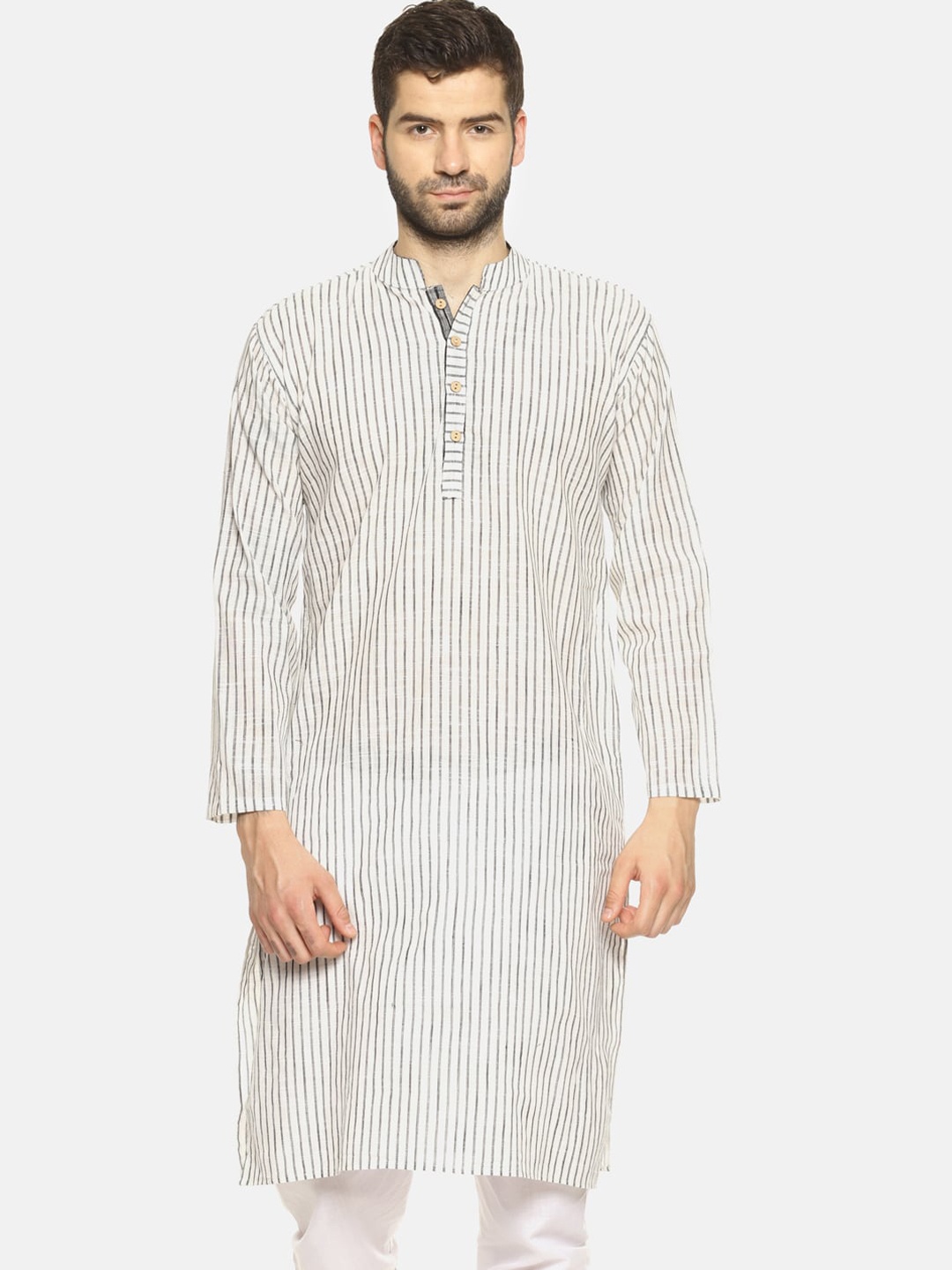 

PAROKSH Men Grey & White Striped Handloom Kurta