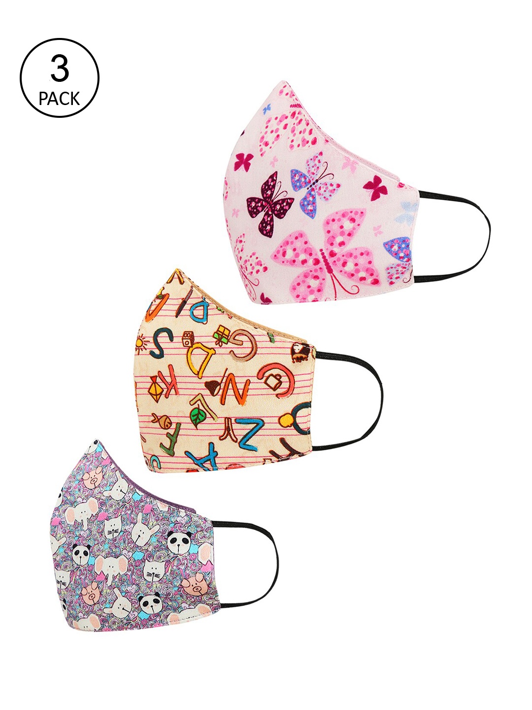 

Tossido Kids Pack Of 3 Printed 3-Ply 100% Cotton Reusable Cloth Masks, Pink
