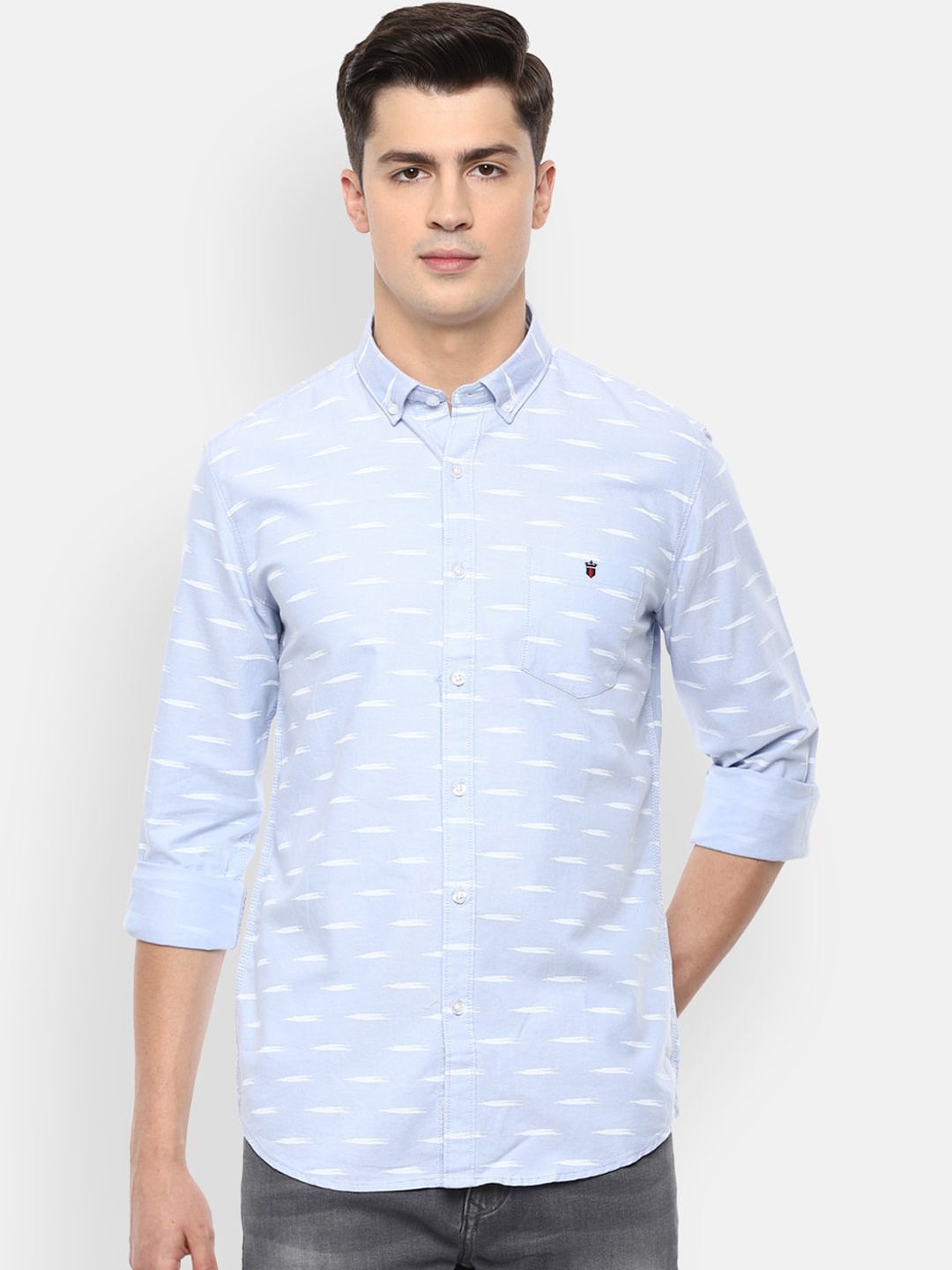 

Louis Philippe Jeans Men Blue & White Pure Cotton Striped Casual Shirt
