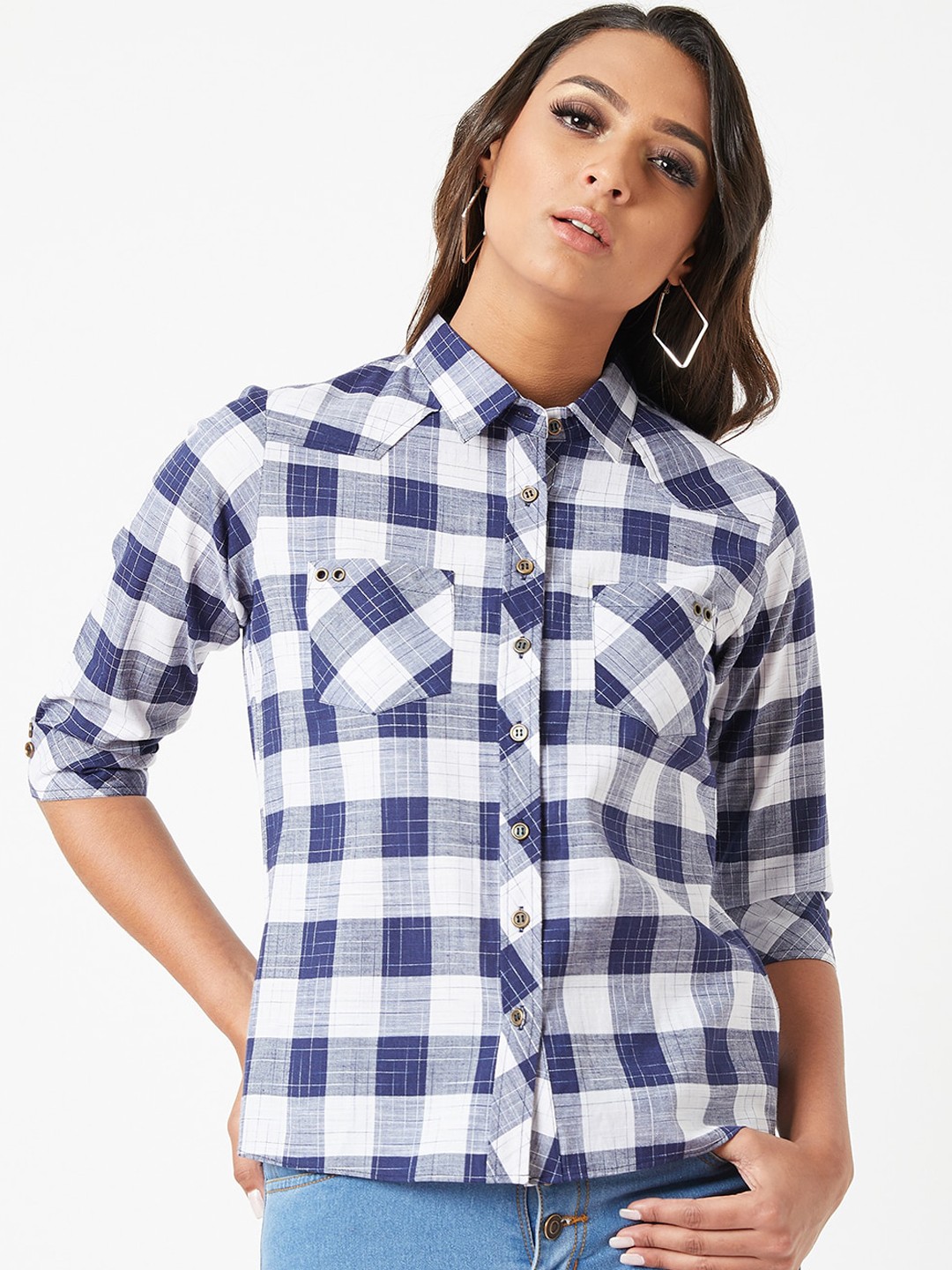 

Miss Chase Women White Regular Fit Checked Casual Shirt
