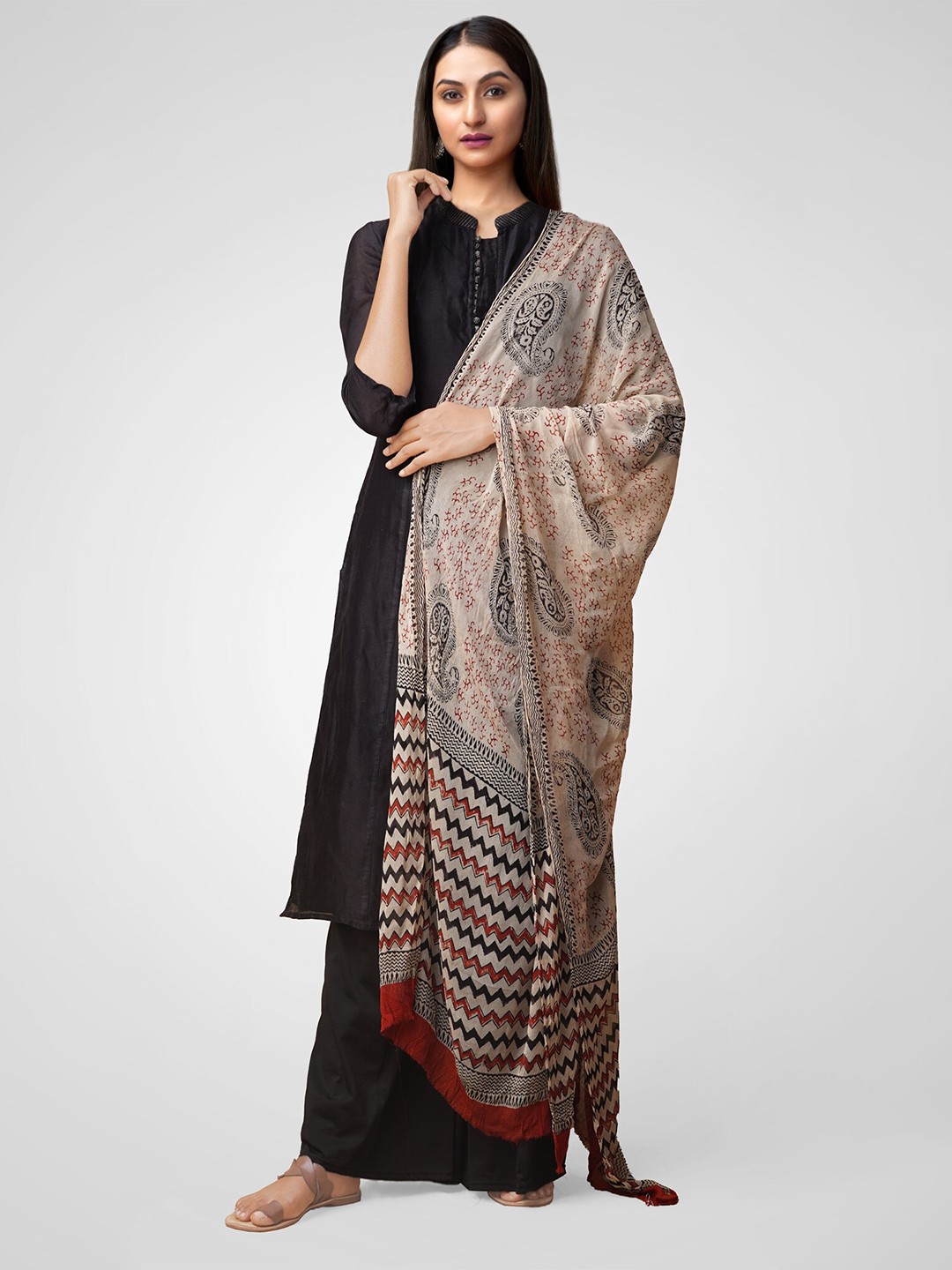 

Unnati Silks Cream-Coloured & Brown Printed Dupatta