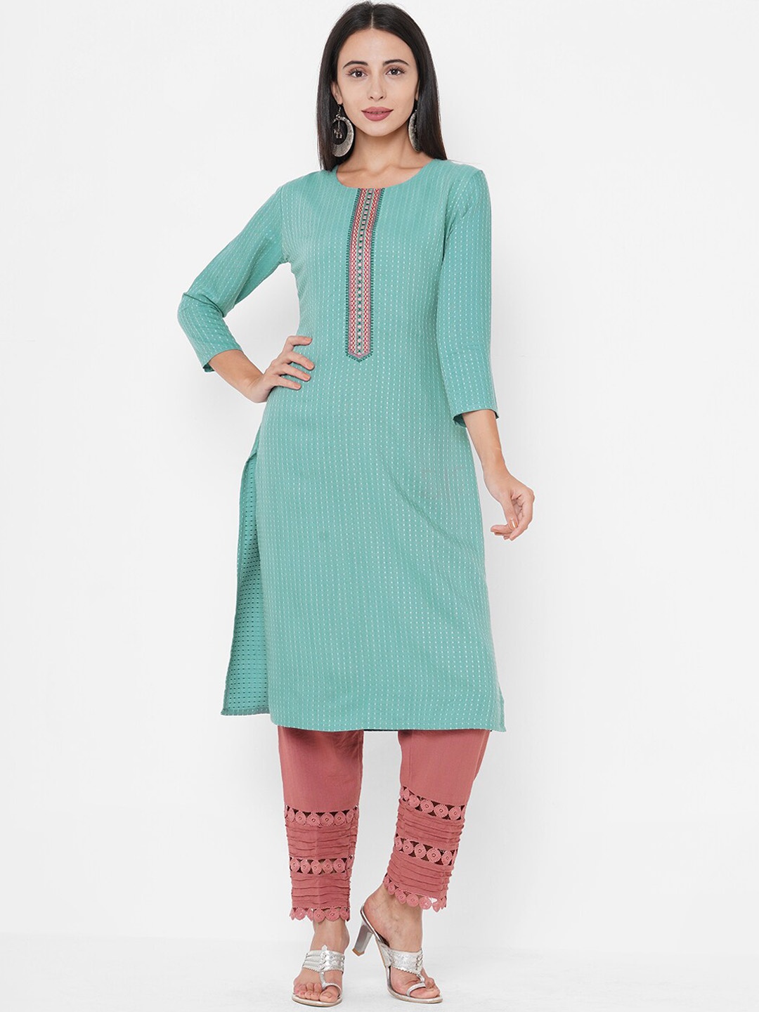 

FASHOR Women Sea Green Geometric Thread Work Kurta